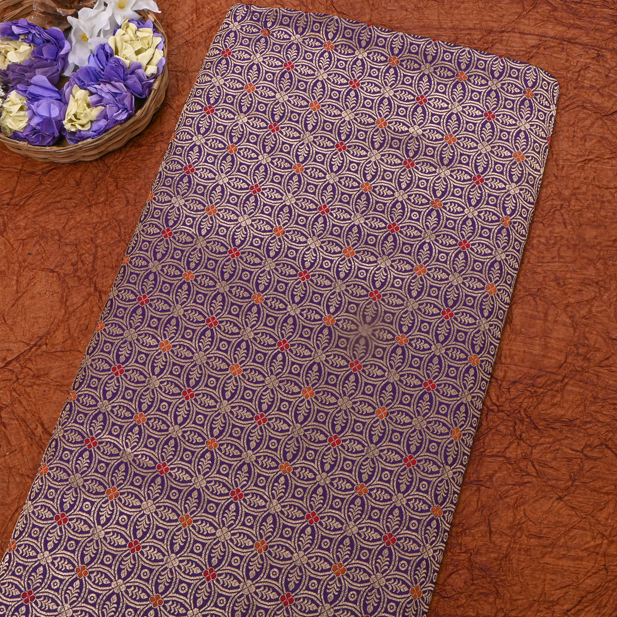 Deep Purple Gold Zari Weave Brocade Jamawar Silk Fabric