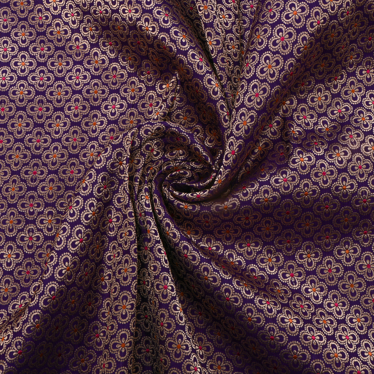 Deep Violet Gold Zari Butti Self Weave Jamawar Silk Fabric