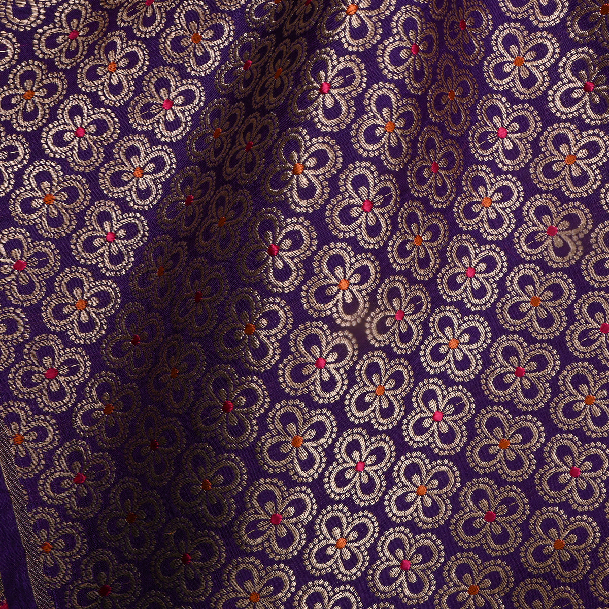 Deep Violet Gold Zari Butti Self Weave Jamawar Silk Fabric