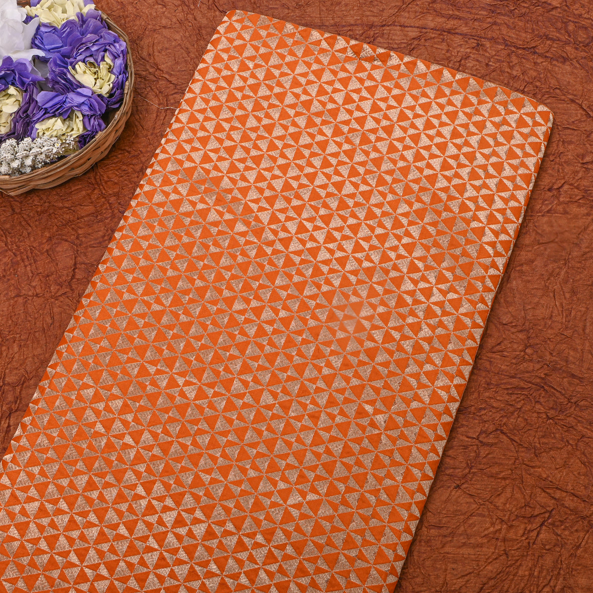 Orange Gold Geometric Weave Jamawar Silk Fabric