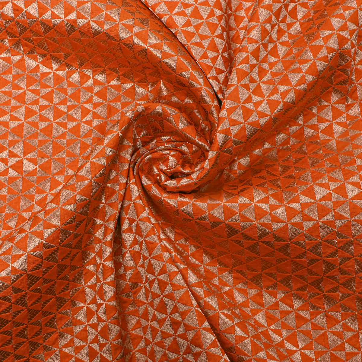 Orange Gold Geometric Weave Jamawar Silk Fabric