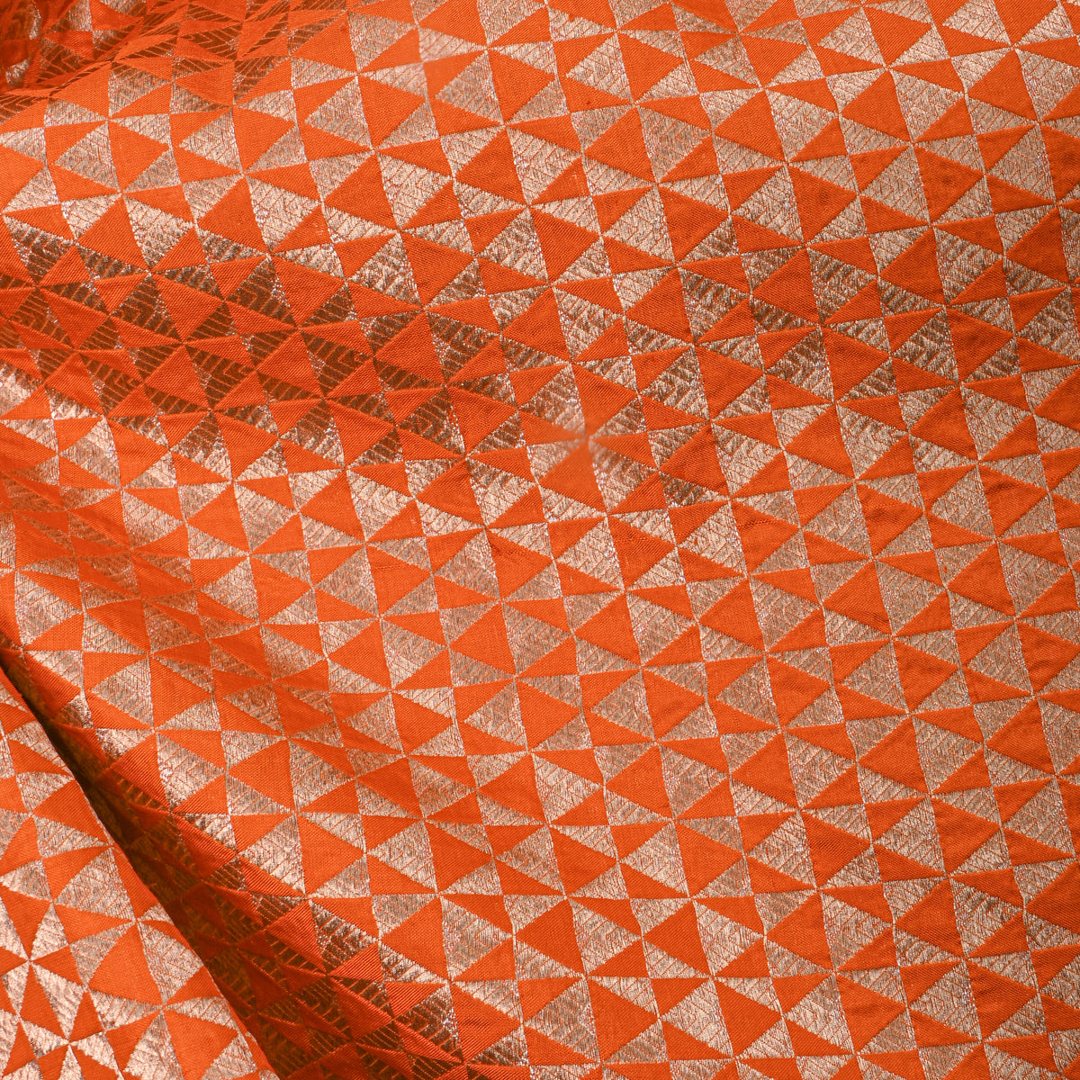Orange Gold Geometric Weave Jamawar Silk Fabric