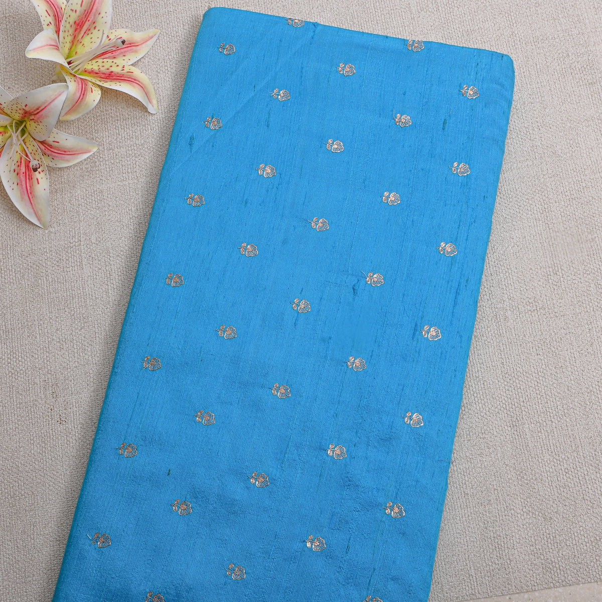 Cobalt Blue Gold Zari Butti Raw Silk Fabric