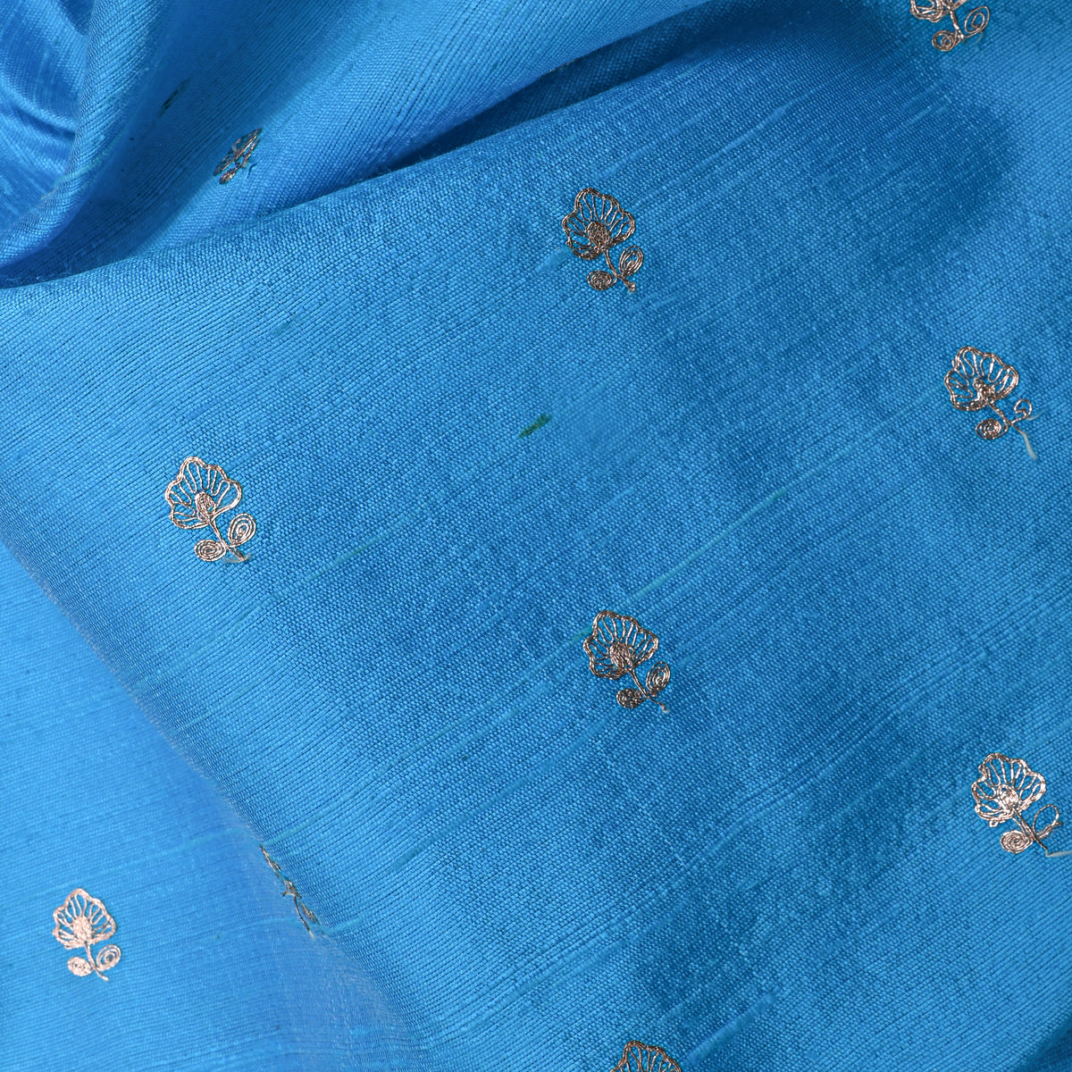 Cobalt Blue Gold Zari Butti Raw Silk Fabric