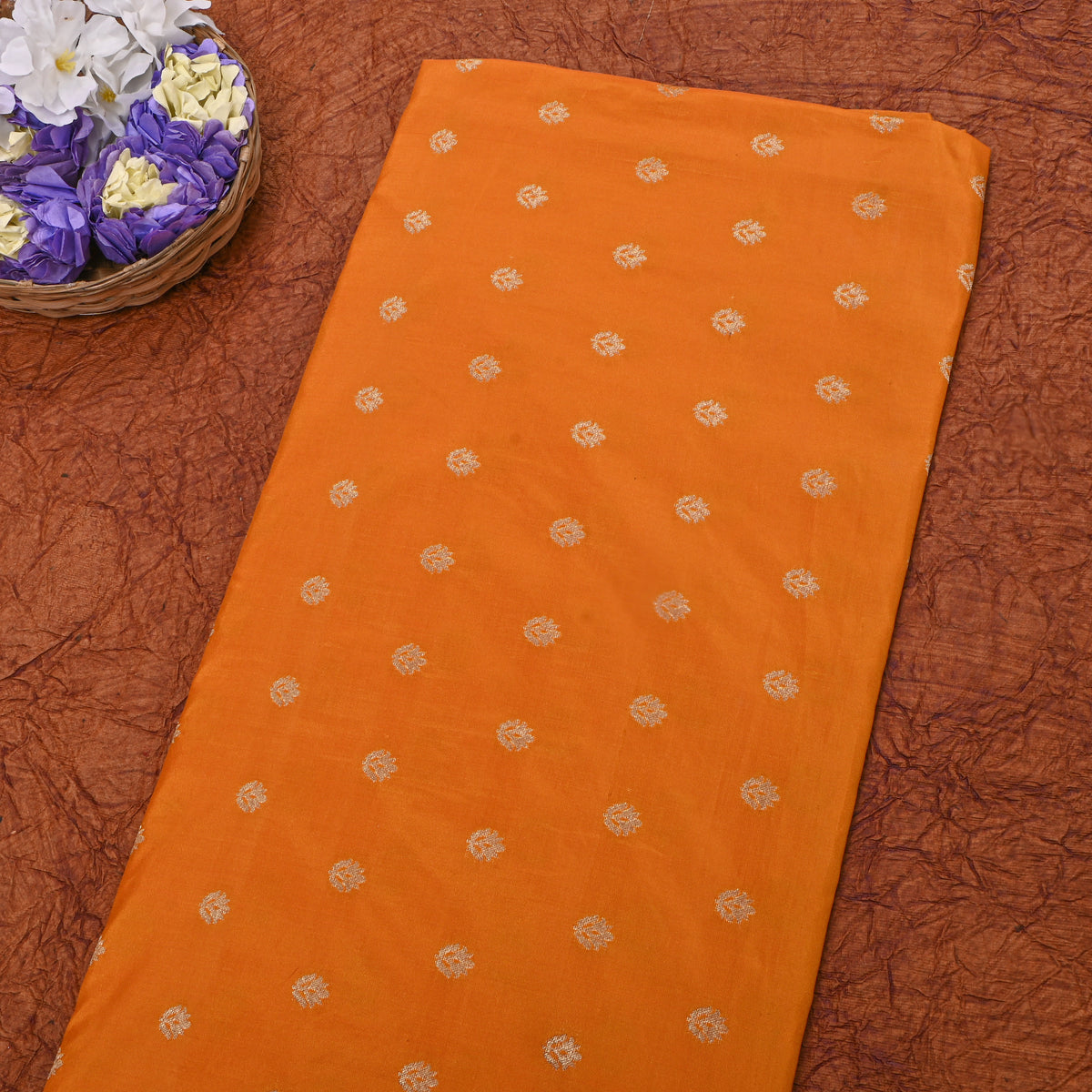 Amber Orange Silver Zari Floral Butti Self Weave Jamawar Silk Fabric