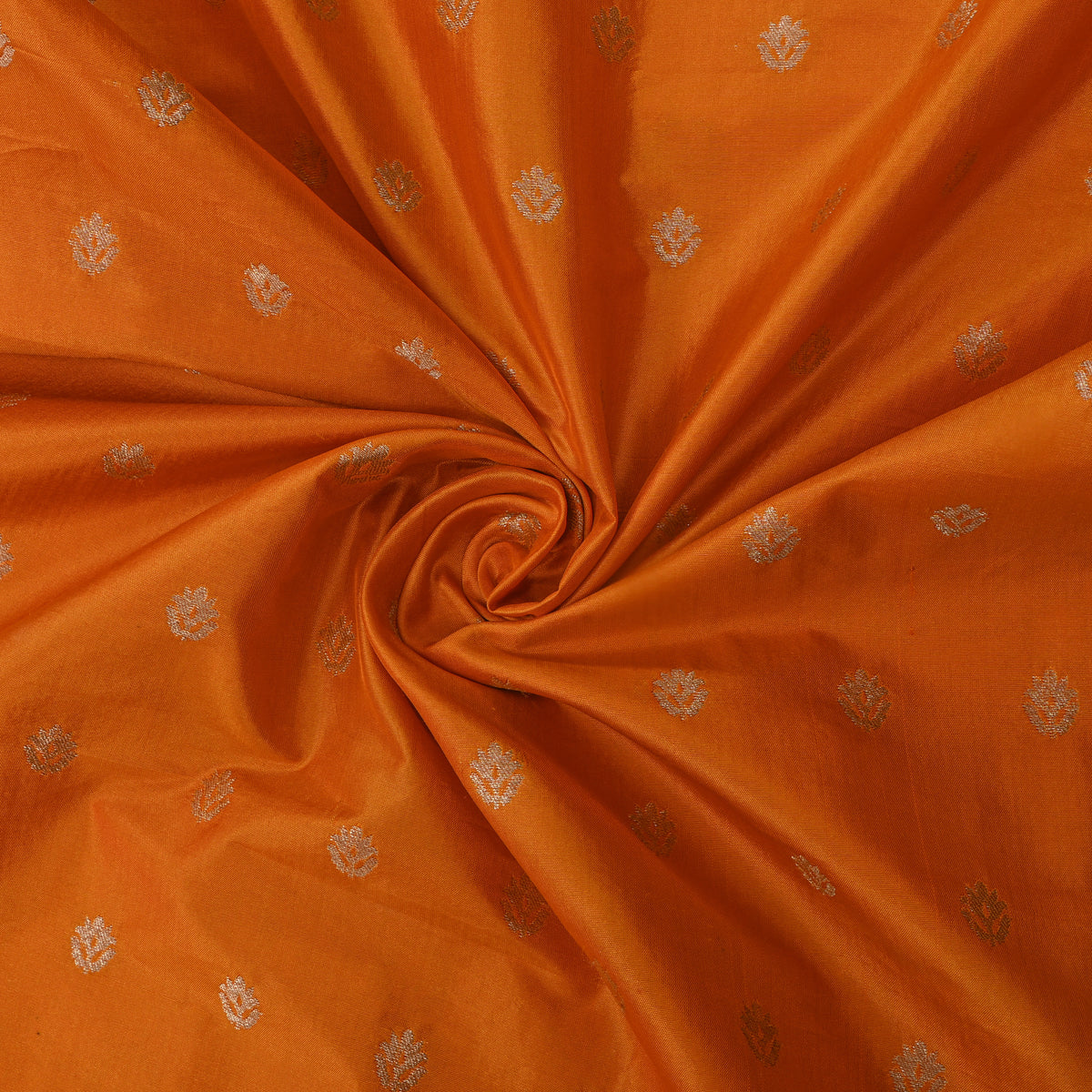Amber Orange Silver Zari Floral Butti Self Weave Jamawar Silk Fabric