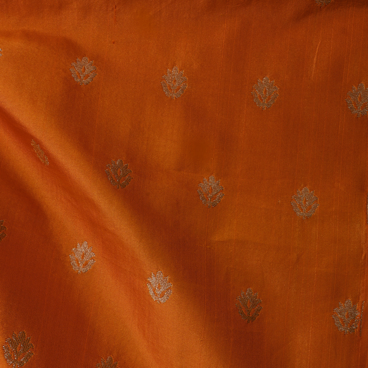 Amber Orange Silver Zari Floral Butti Self Weave Jamawar Silk Fabric