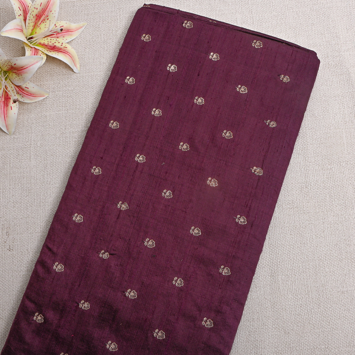 Wine Purple Gold Zari Butti Raw Silk Fabric