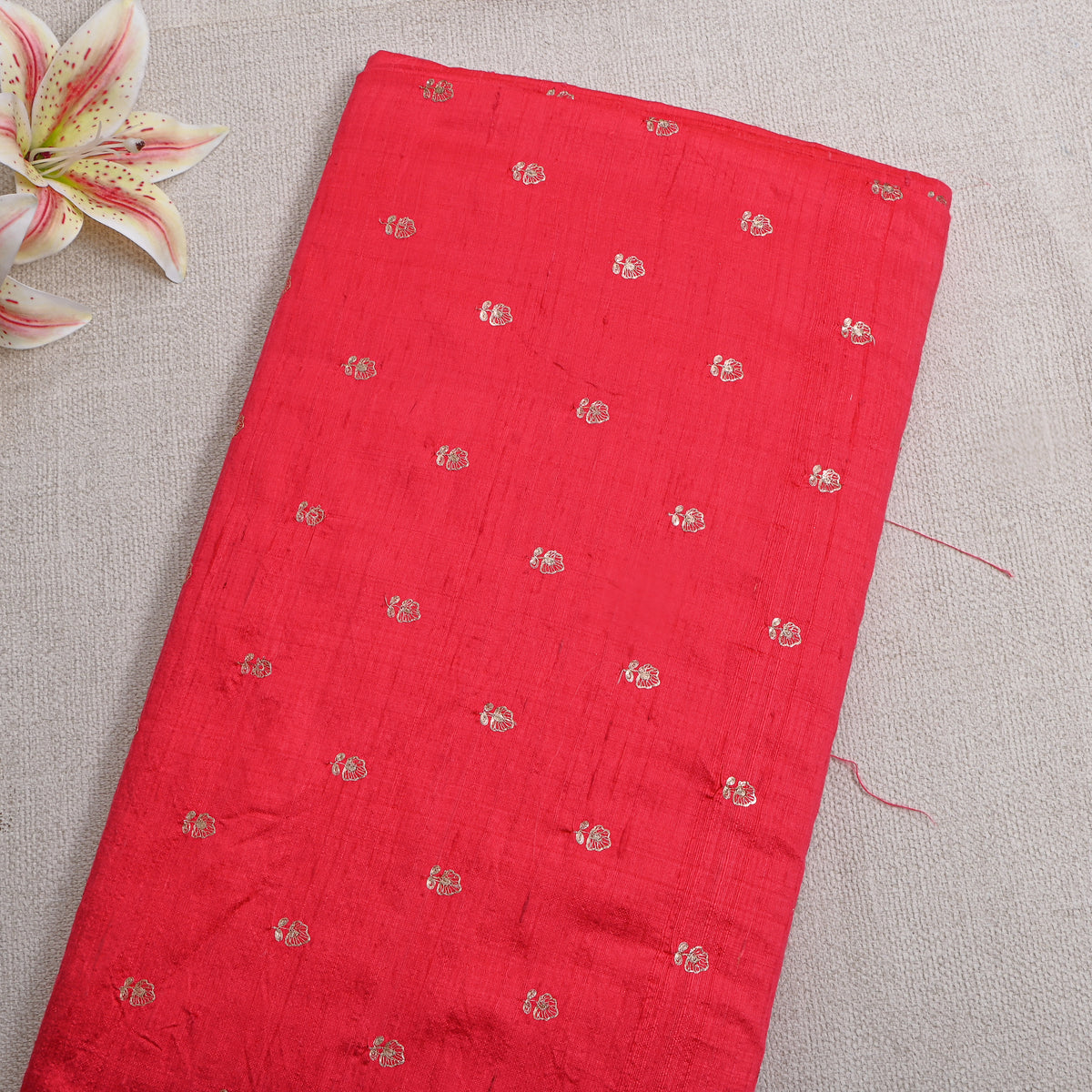 Crimson Red Gold Zari Butti Raw Silk Fabric