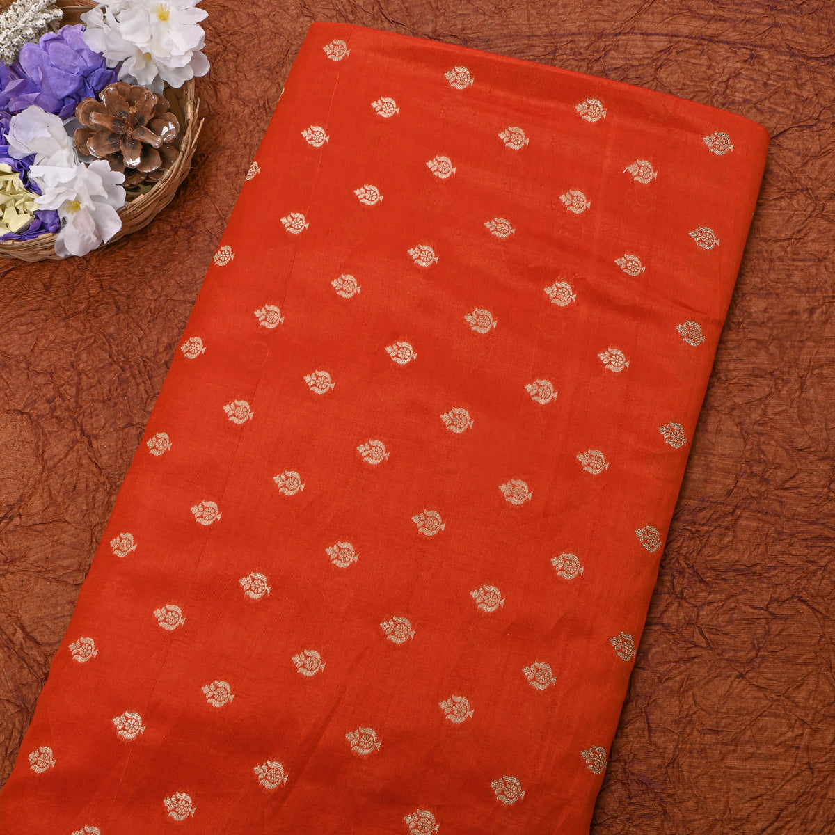 Terracotta Orange Gold Zari Butti Banarasi Silk Fabric
