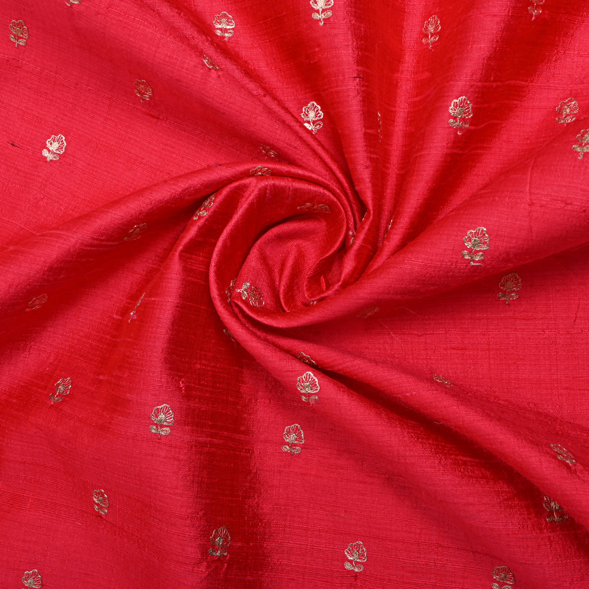Crimson Red Gold Zari Butti Raw Silk Fabric
