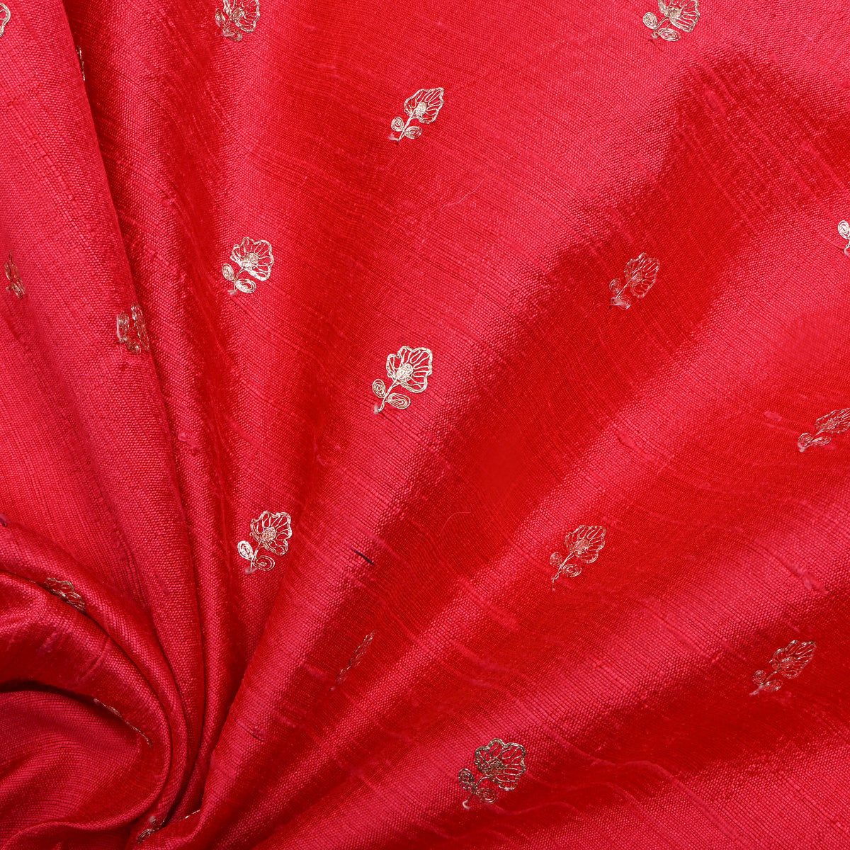 Crimson Red Gold Zari Butti Raw Silk Fabric