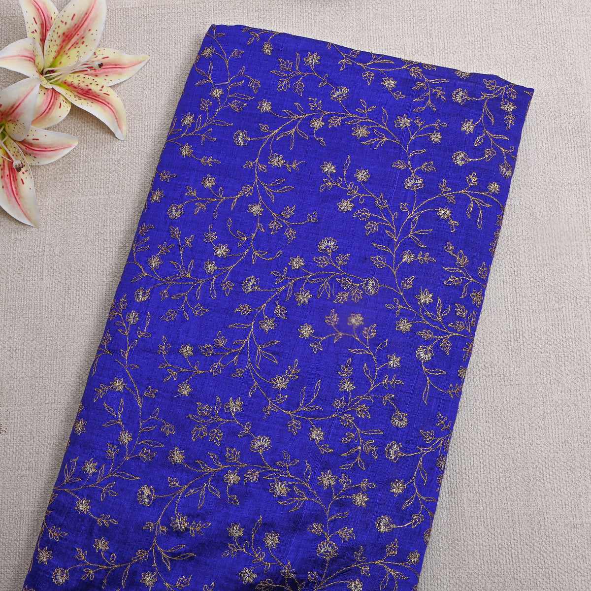 Blue With Dual Zari Floral Jaal Embroidery Raw Silk Fabric