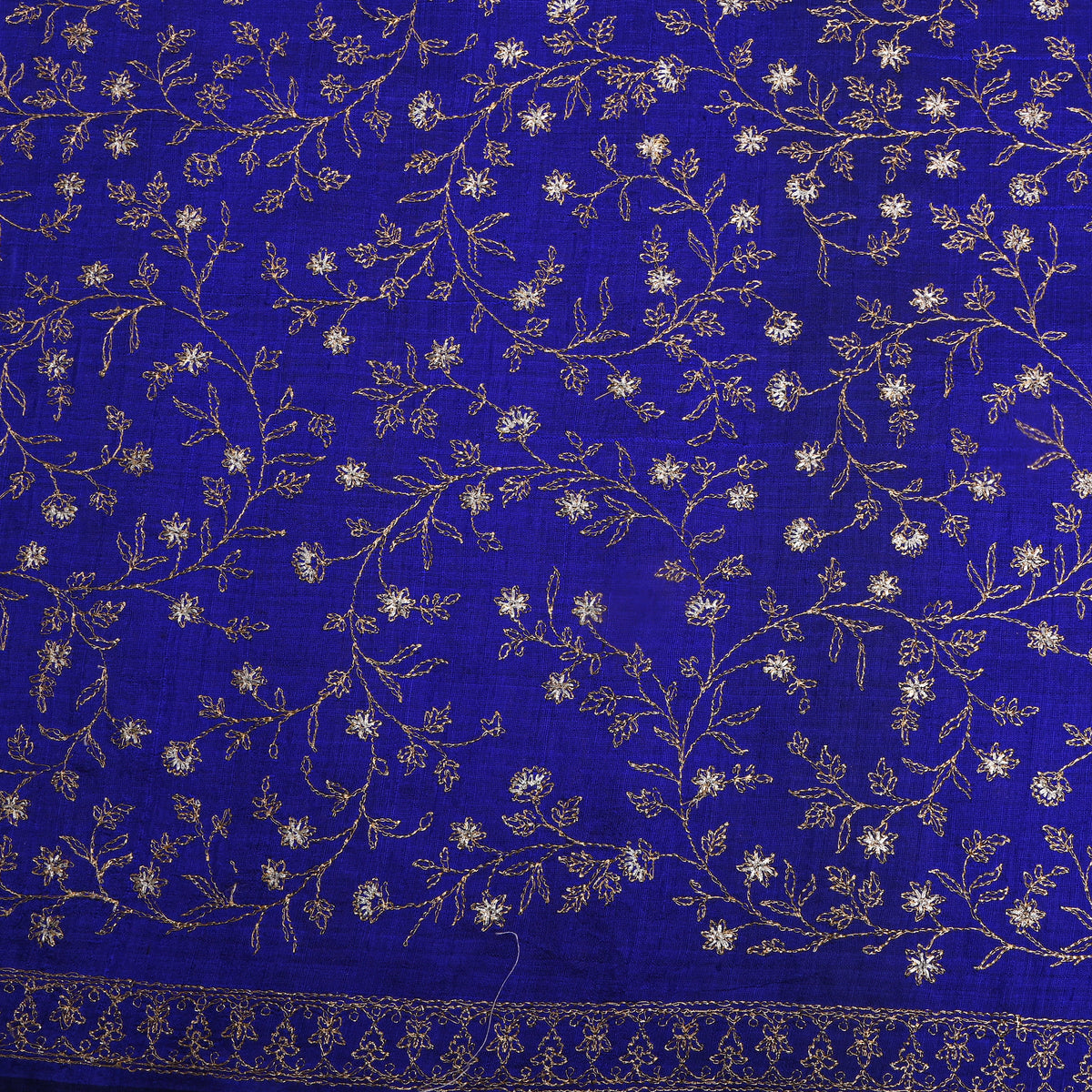 Blue With Dual Zari Floral Jaal Embroidery Raw Silk Fabric
