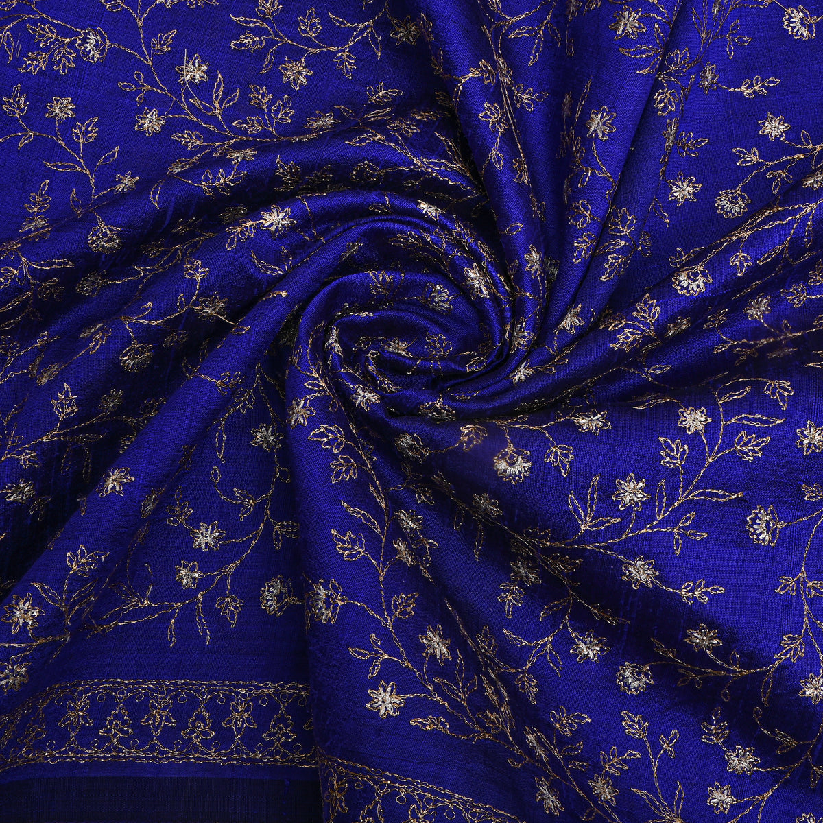 Blue With Dual Zari Floral Jaal Embroidery Raw Silk Fabric
