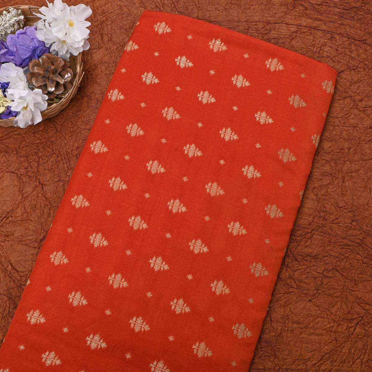 Dull Orange Gold Zari Butti Jamawar Silk Fabric
