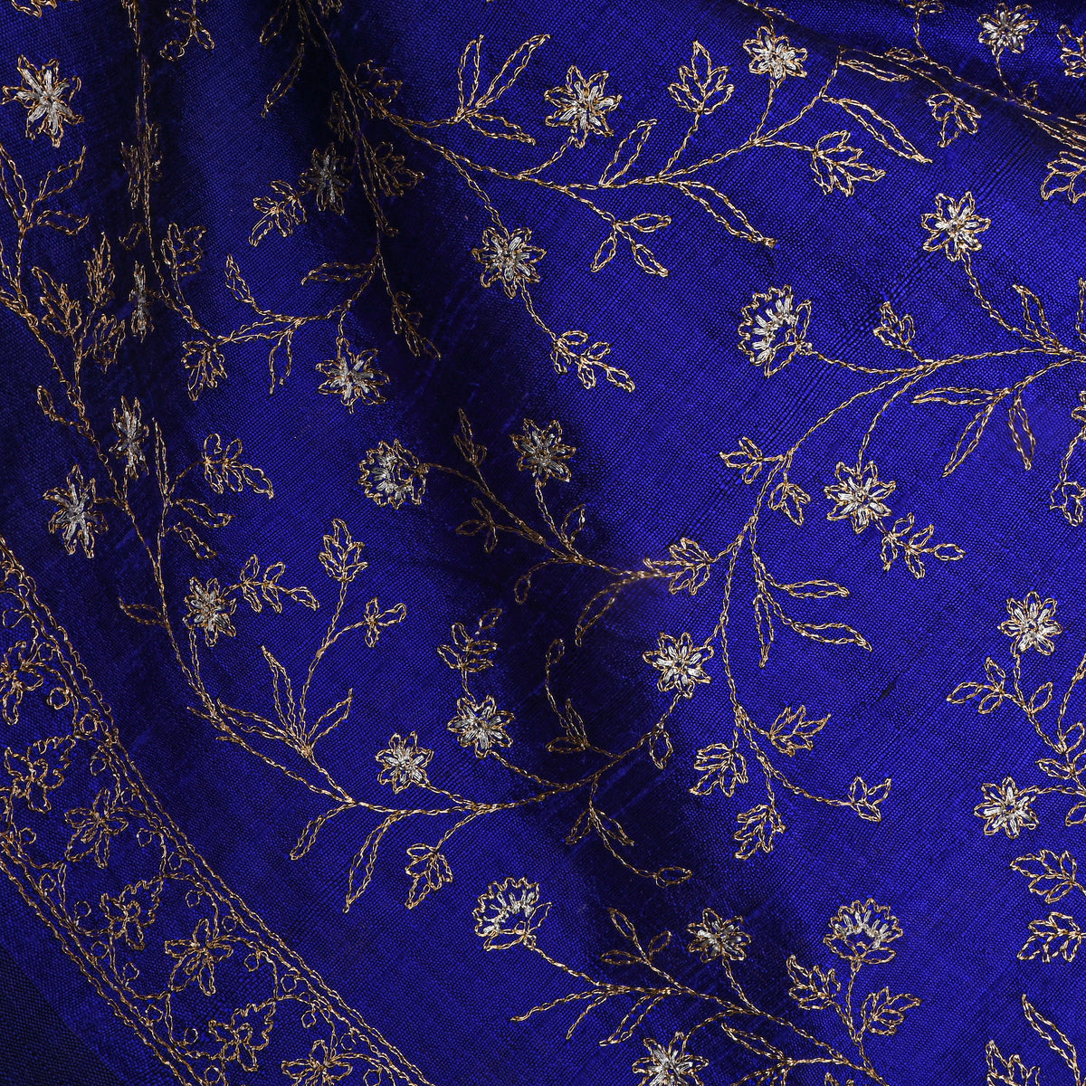 Blue With Dual Zari Floral Jaal Embroidery Raw Silk Fabric