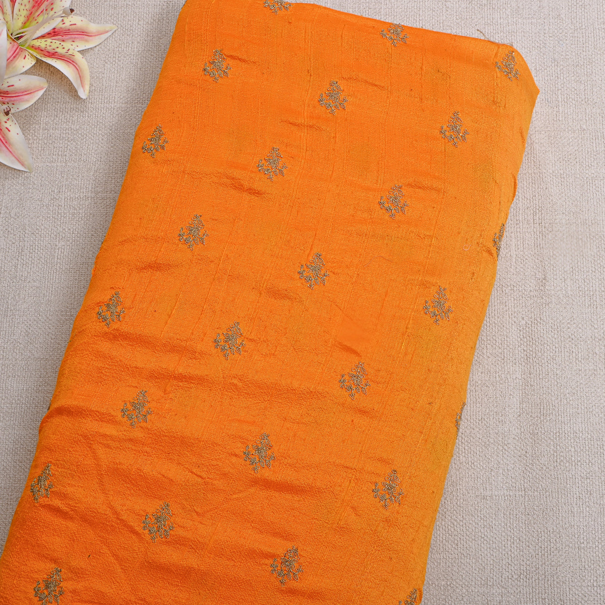 Bright Orange With Silver Zari Butti Raw Silk Fabric
