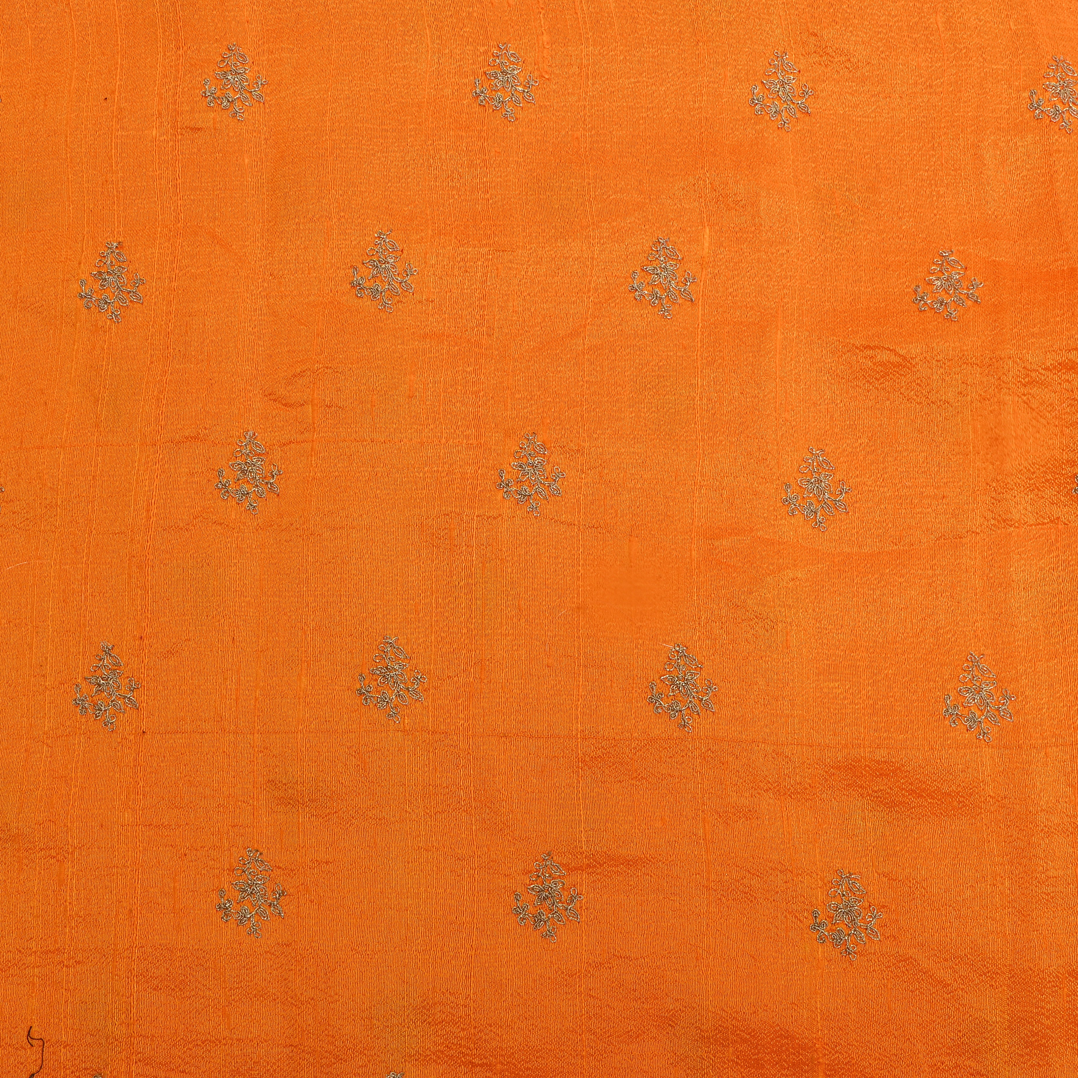 Bright Orange With Silver Zari Butti Raw Silk Fabric