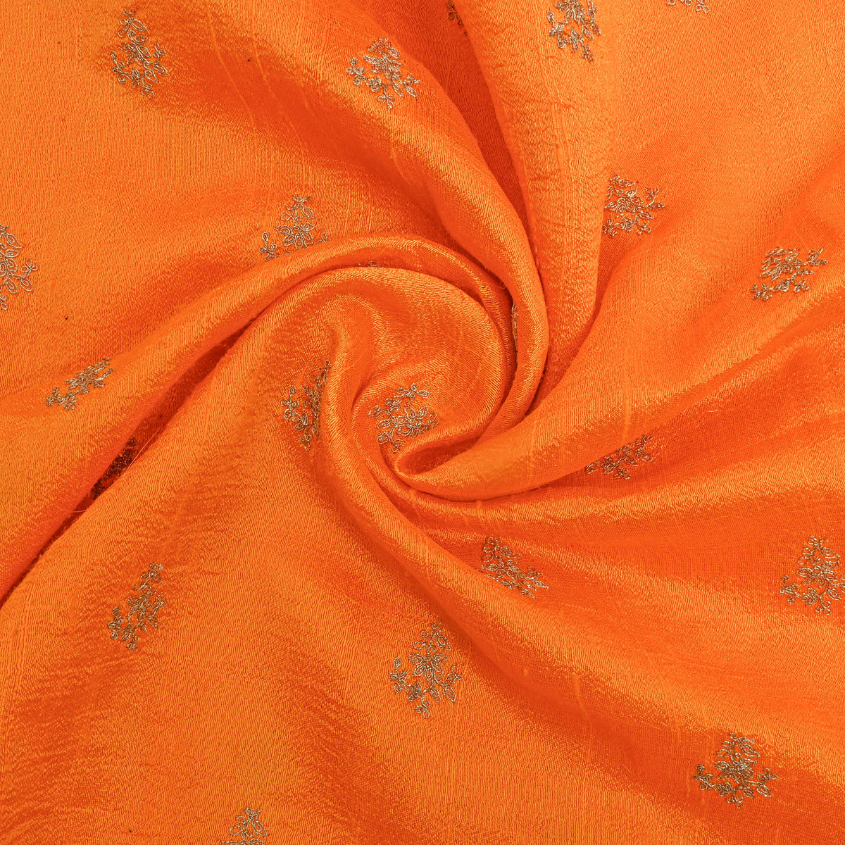 Bright Orange With Silver Zari Butti Raw Silk Fabric