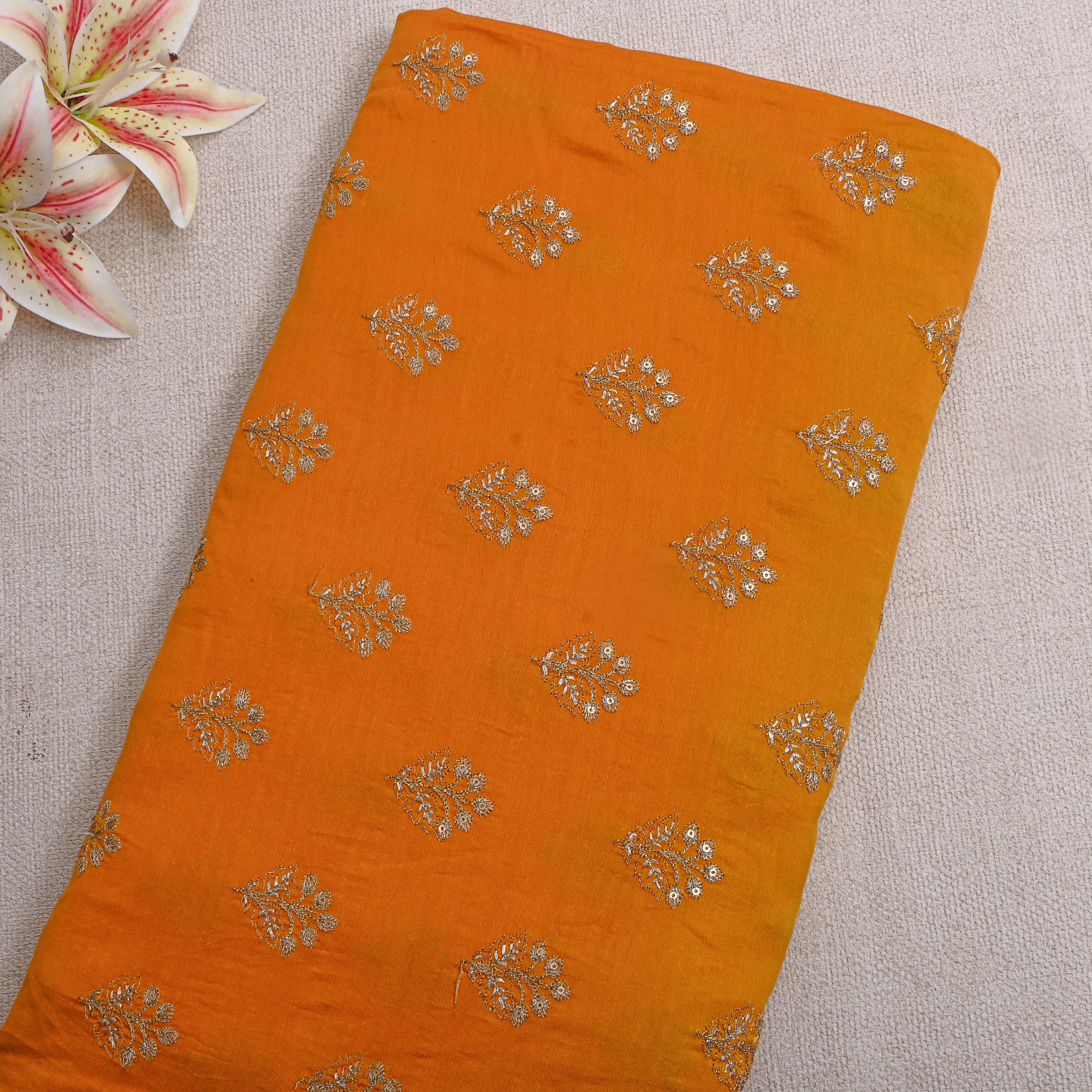 Orange Zari Butti Embroidered Chanderi