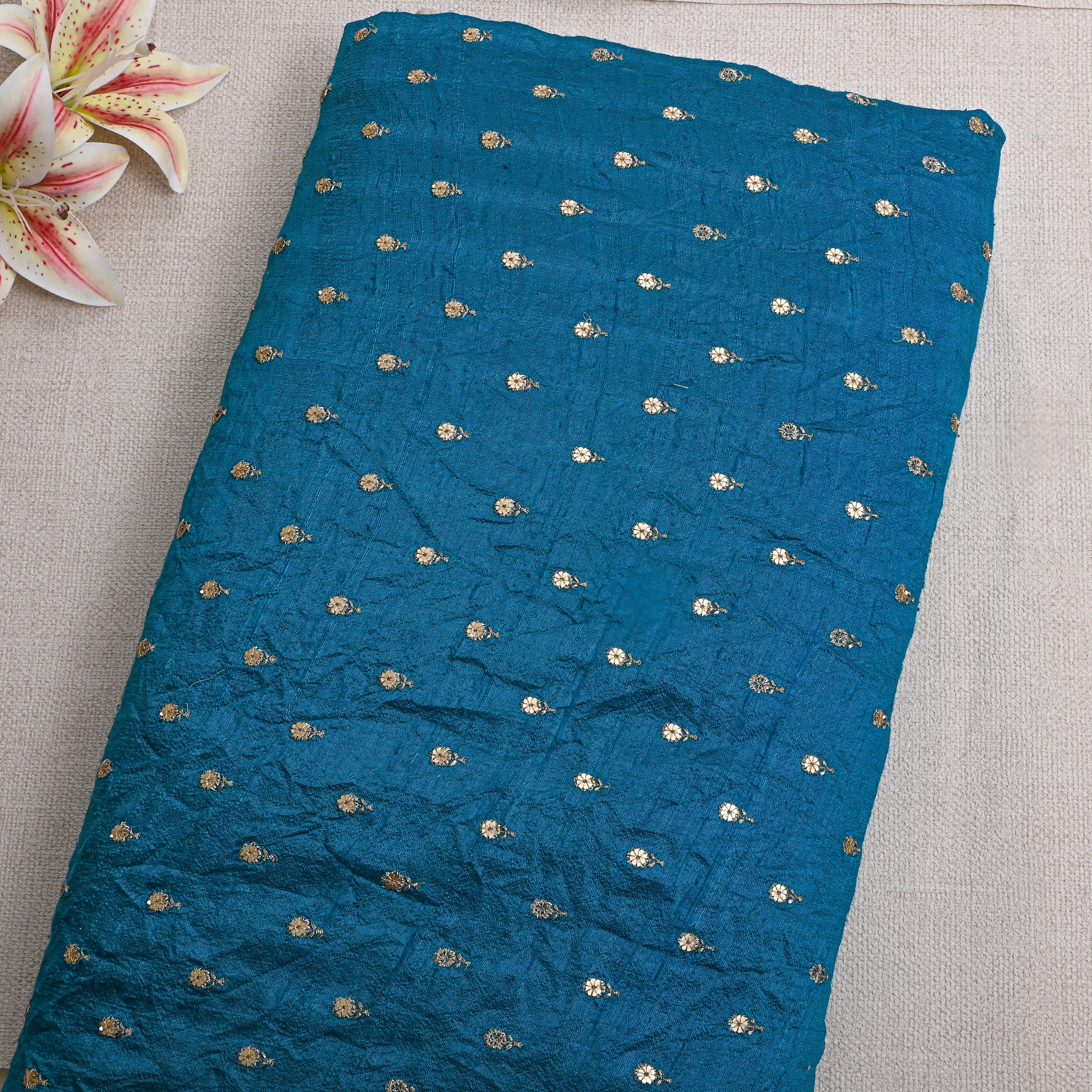 Peacock Blue Zari Butti Embroidered Raw Silk