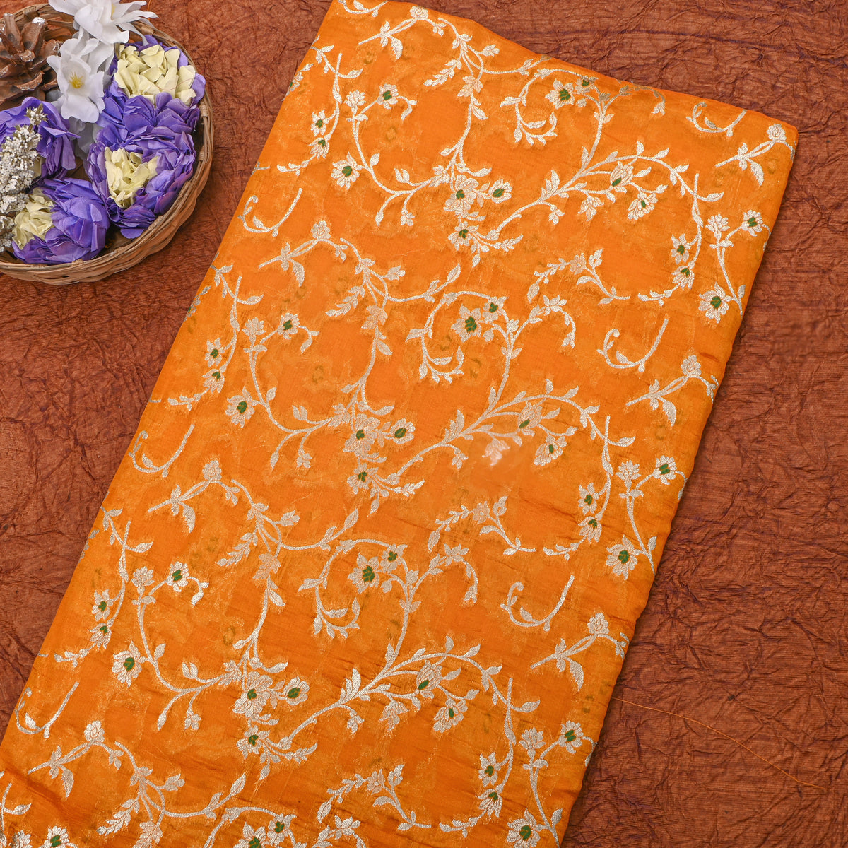 Marigold Silver Zari Floral Jaal Jamawar Oragnaza Fabric