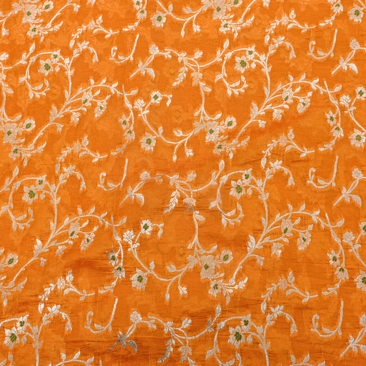 Marigold Silver Zari Floral Jaal Jamawar Oragnaza Fabric