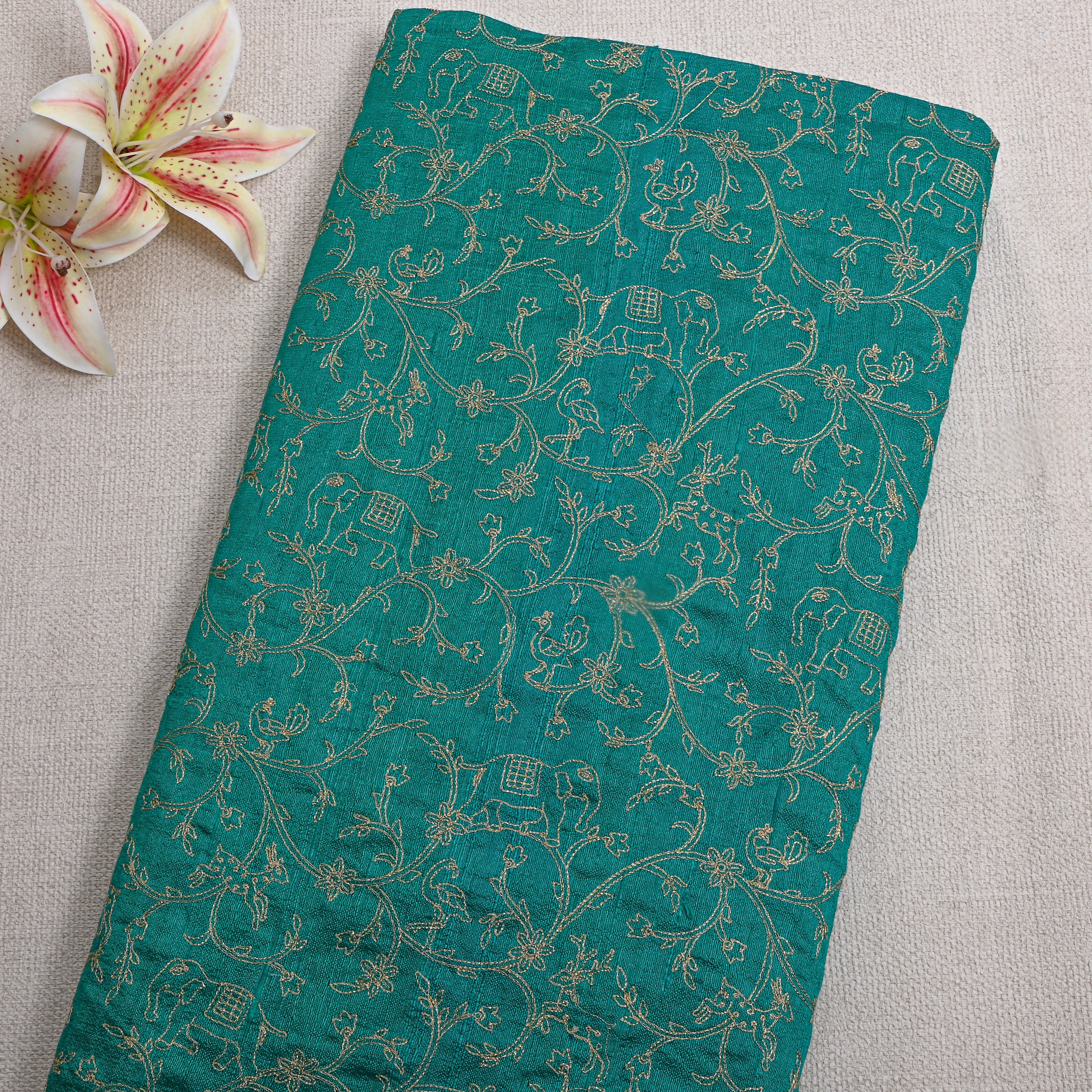 Green With Zari Shikargah Embroidery Raw Silk