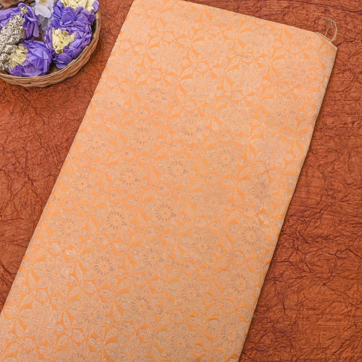 Apricot Gold Zari Brocade Jamawar Silk Fabric