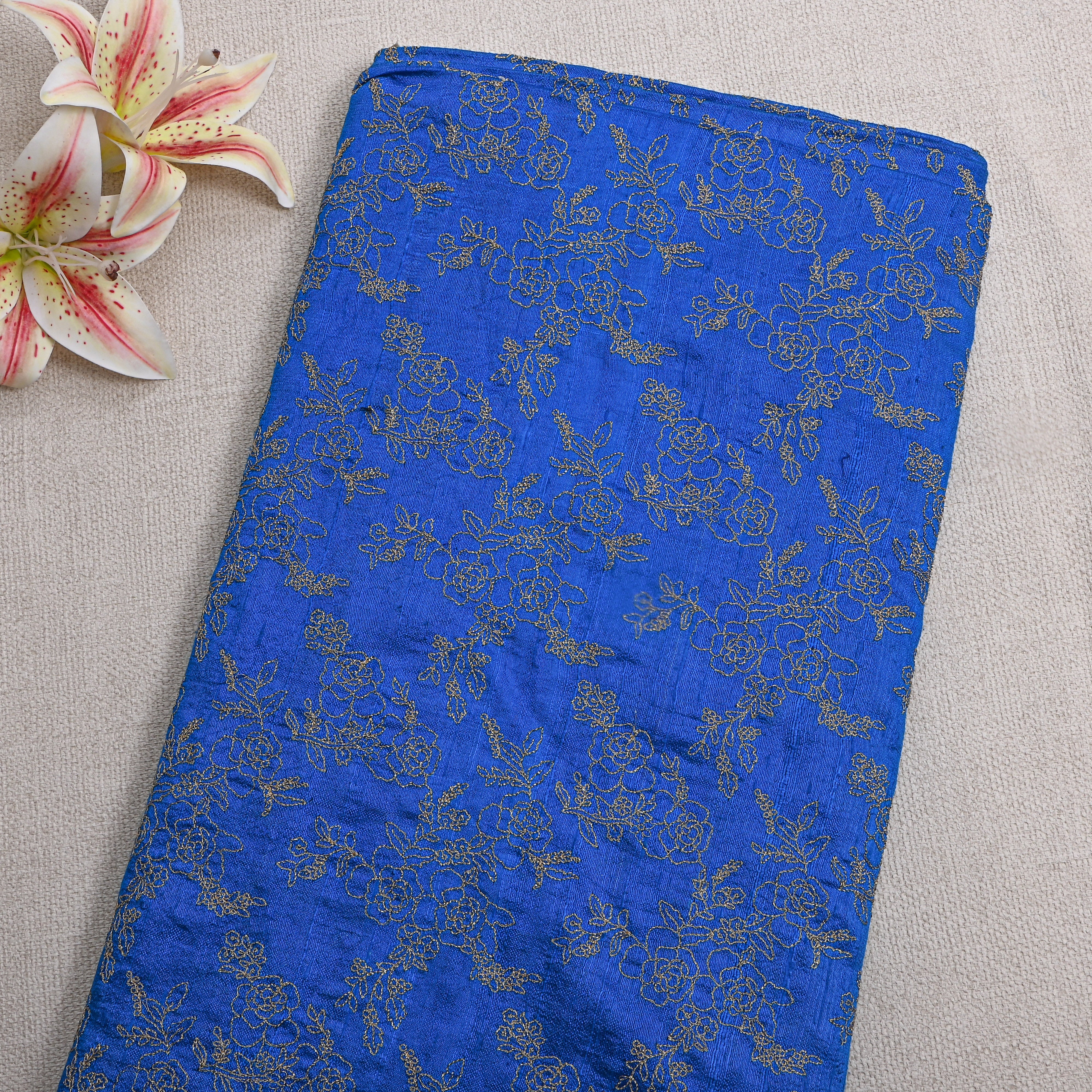 Blue With Zari Floral Embroidery Raw Silk