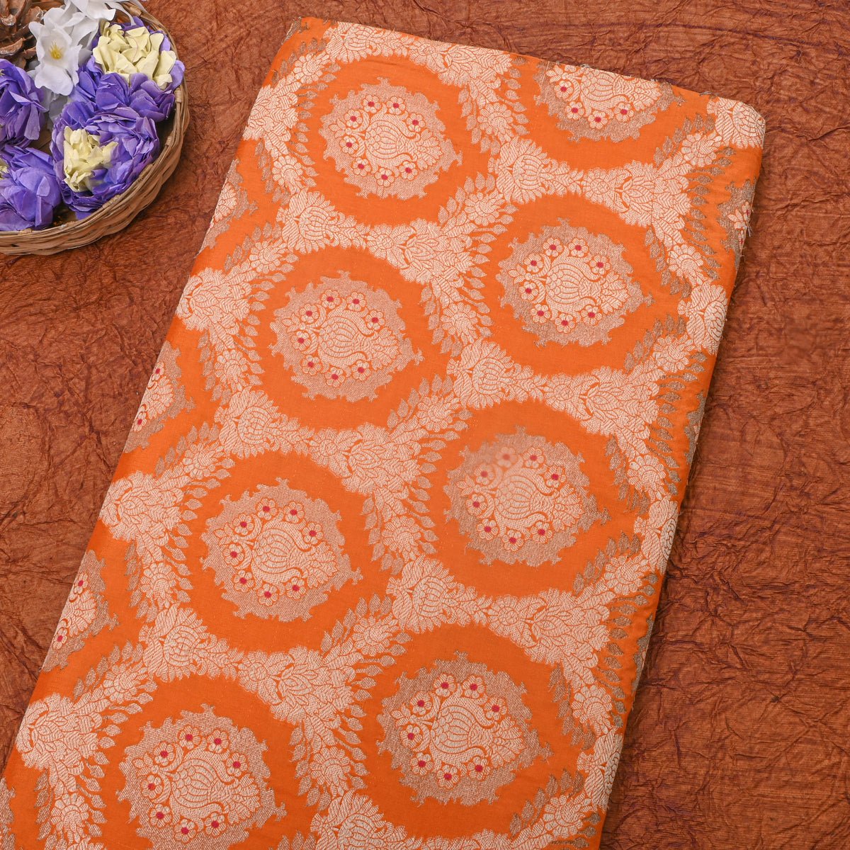 Marmalade Orange Gold Zari Weave Brocade Jamawar Silk Fabric