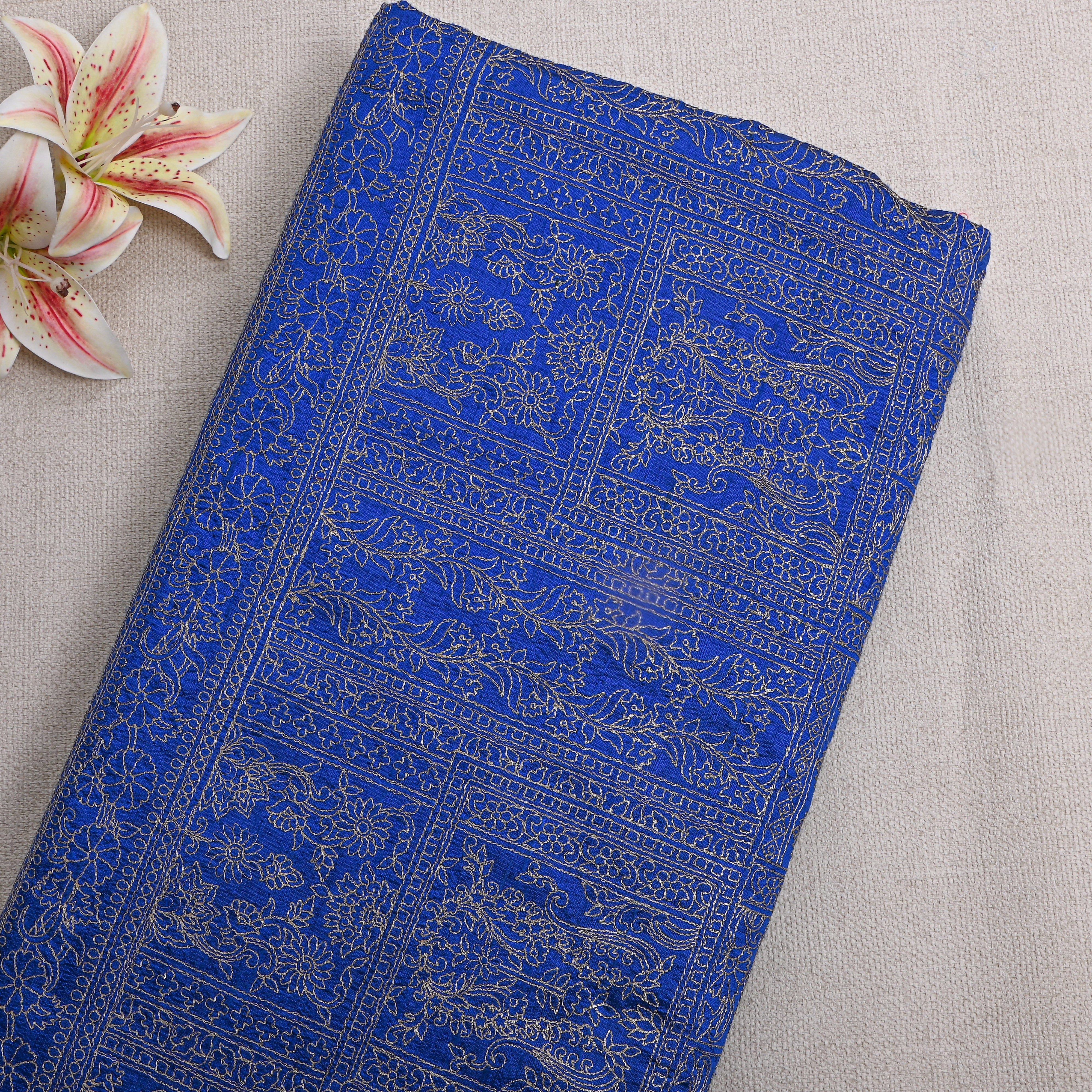 Bright Blue Raw Silk With Geometric Thread Work Embroidery