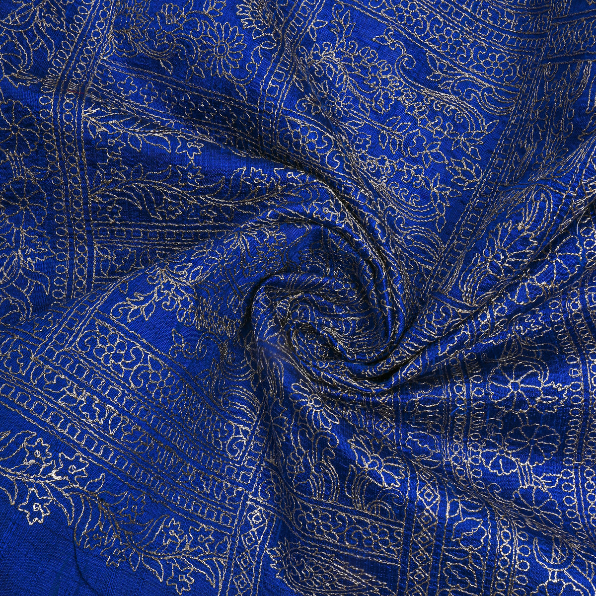 Bright Blue Raw Silk With Geometric Thread Work Embroidery