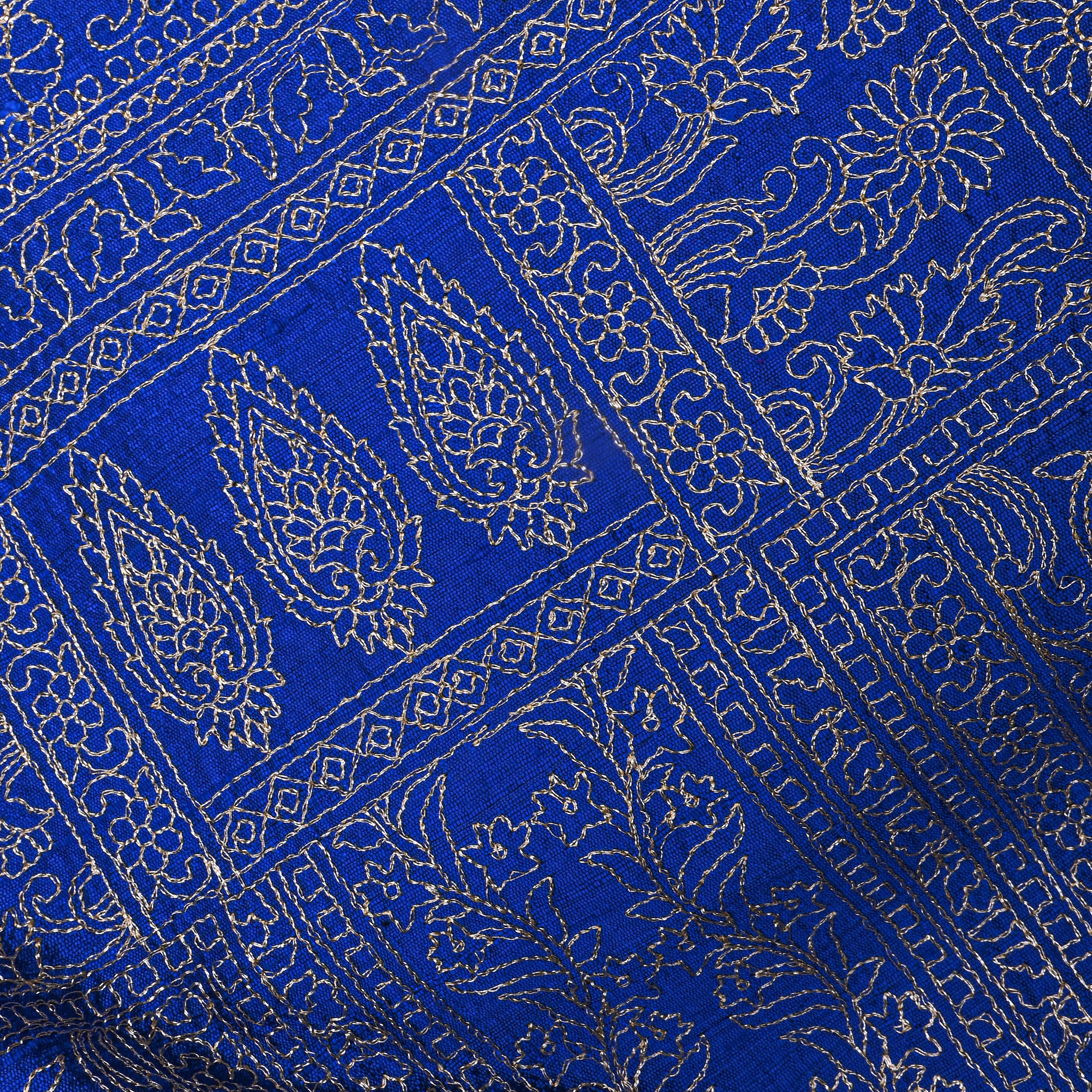Bright Blue Raw Silk With Geometric Thread Work Embroidery