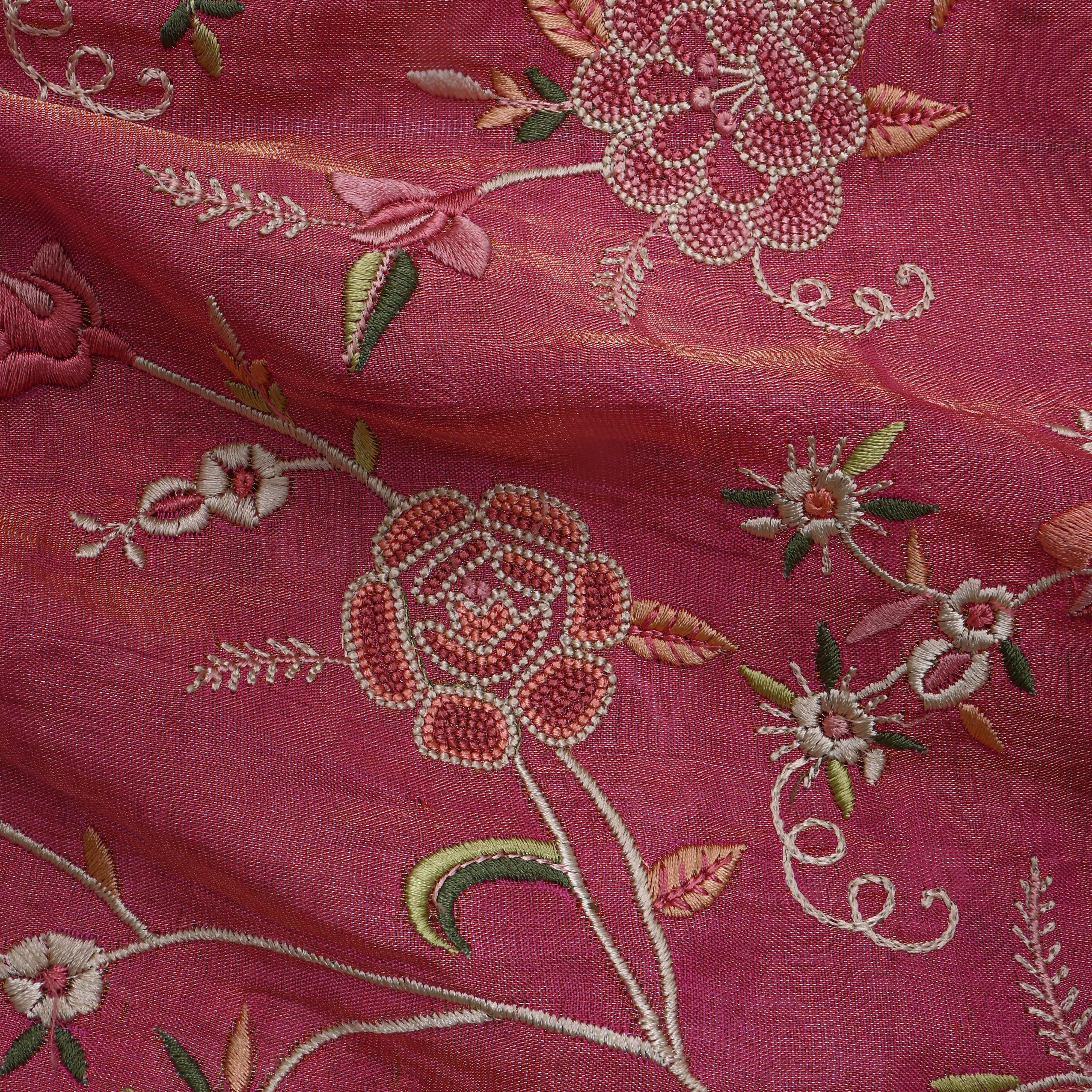 Dark Rosy Pink Embroidery Tissue Fabric