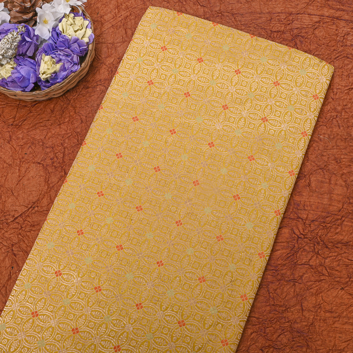 Yellow Gold Zari Geometric Butti Jamawar Silk Fabric