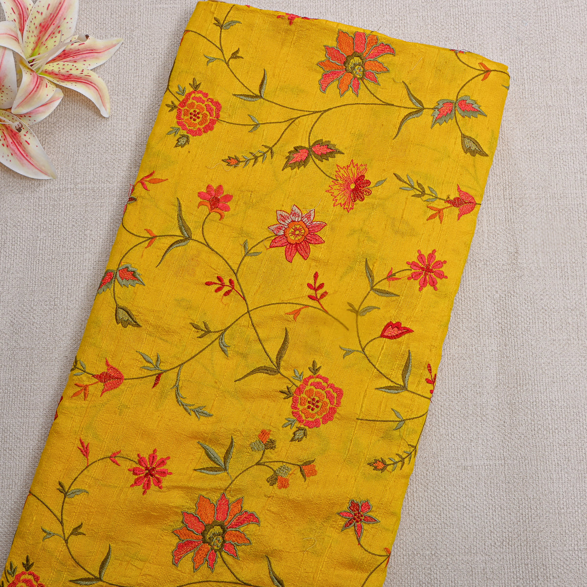 Bright Yellow Floral Jaal Raw Silk Fabric