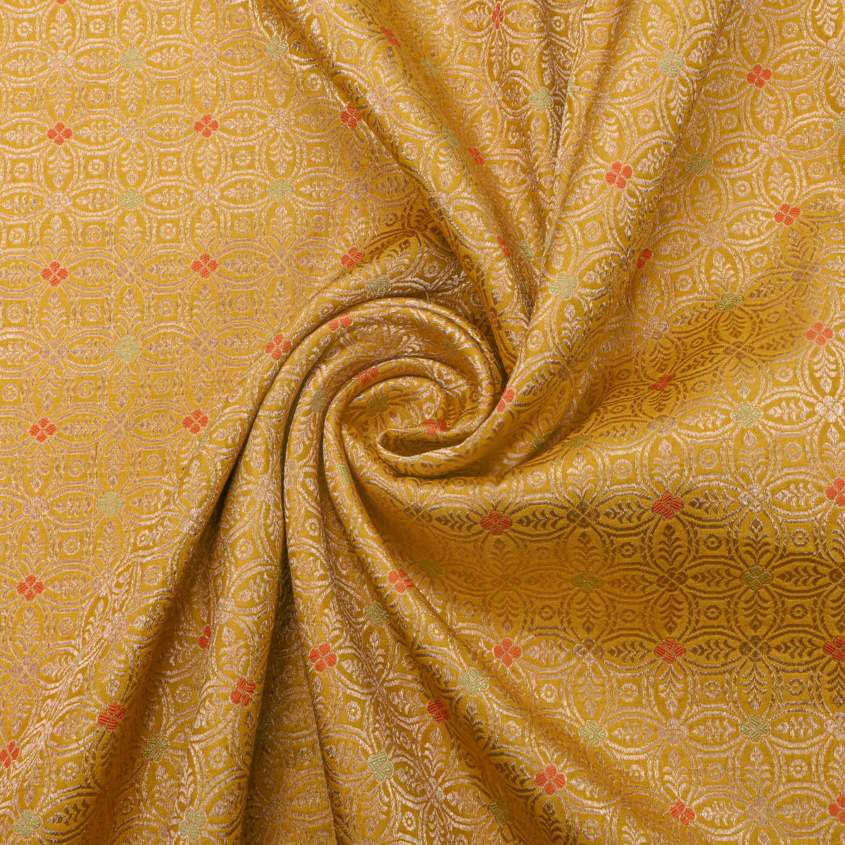 Yellow Gold Zari Geometric Butti Jamawar Silk Fabric