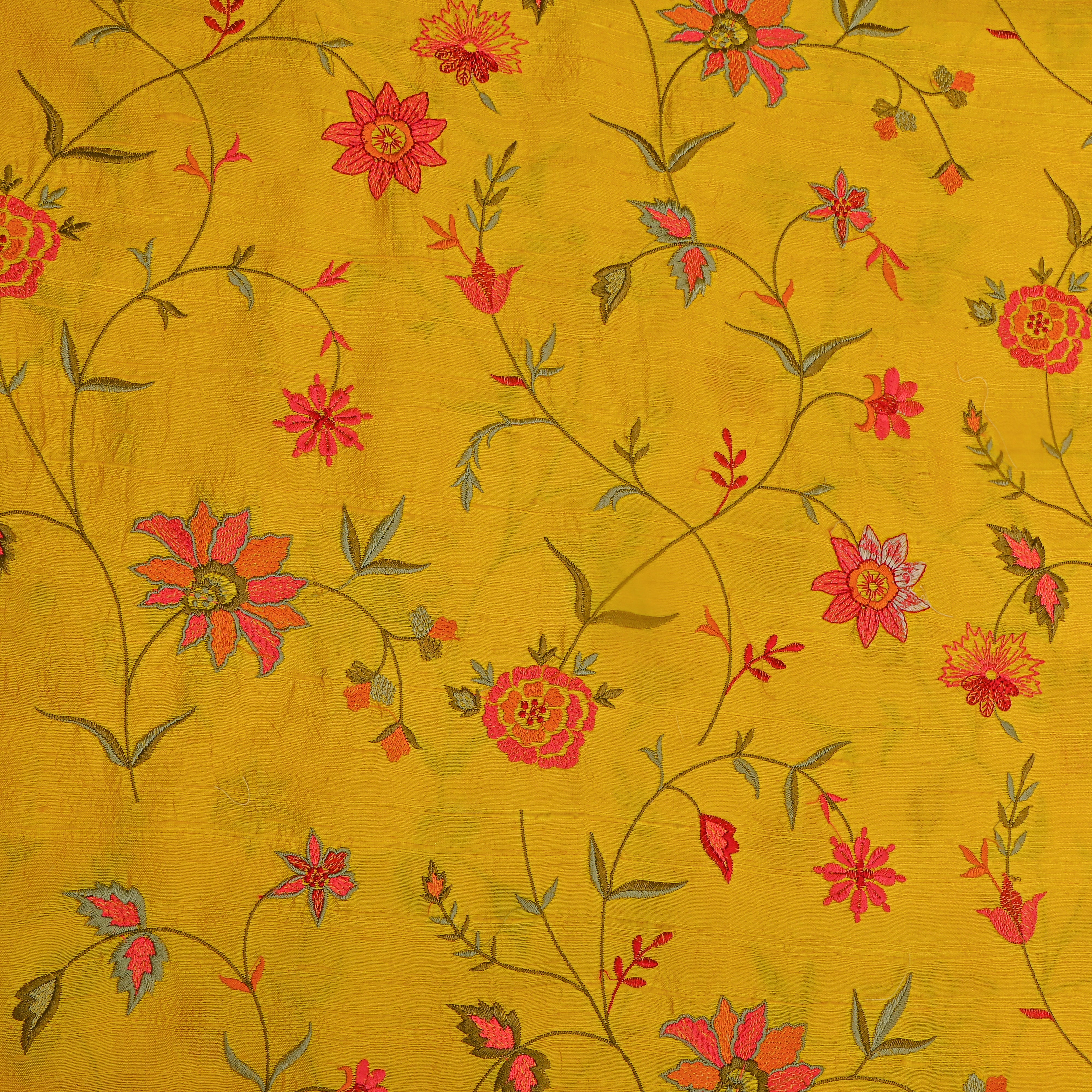 Bright Yellow Floral Jaal Raw Silk Fabric