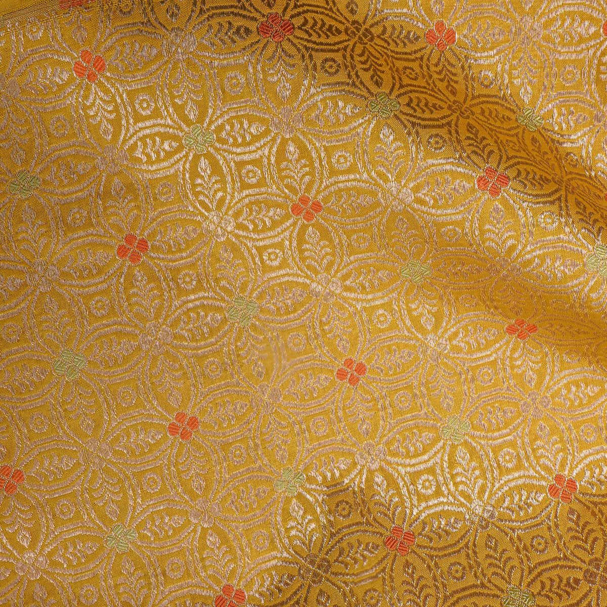 Yellow Gold Zari Geometric Butti Jamawar Silk Fabric