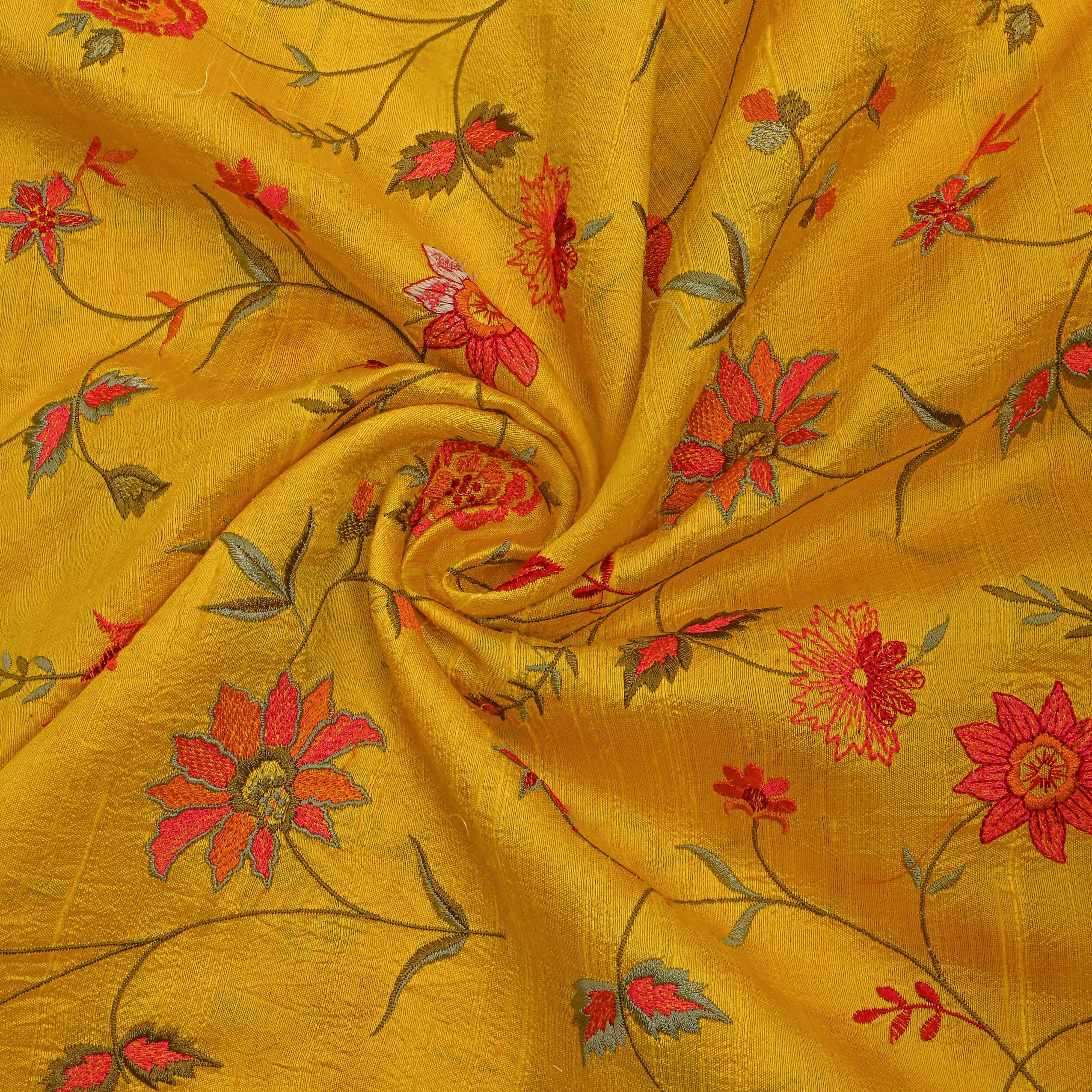Bright Yellow Floral Jaal Raw Silk Fabric