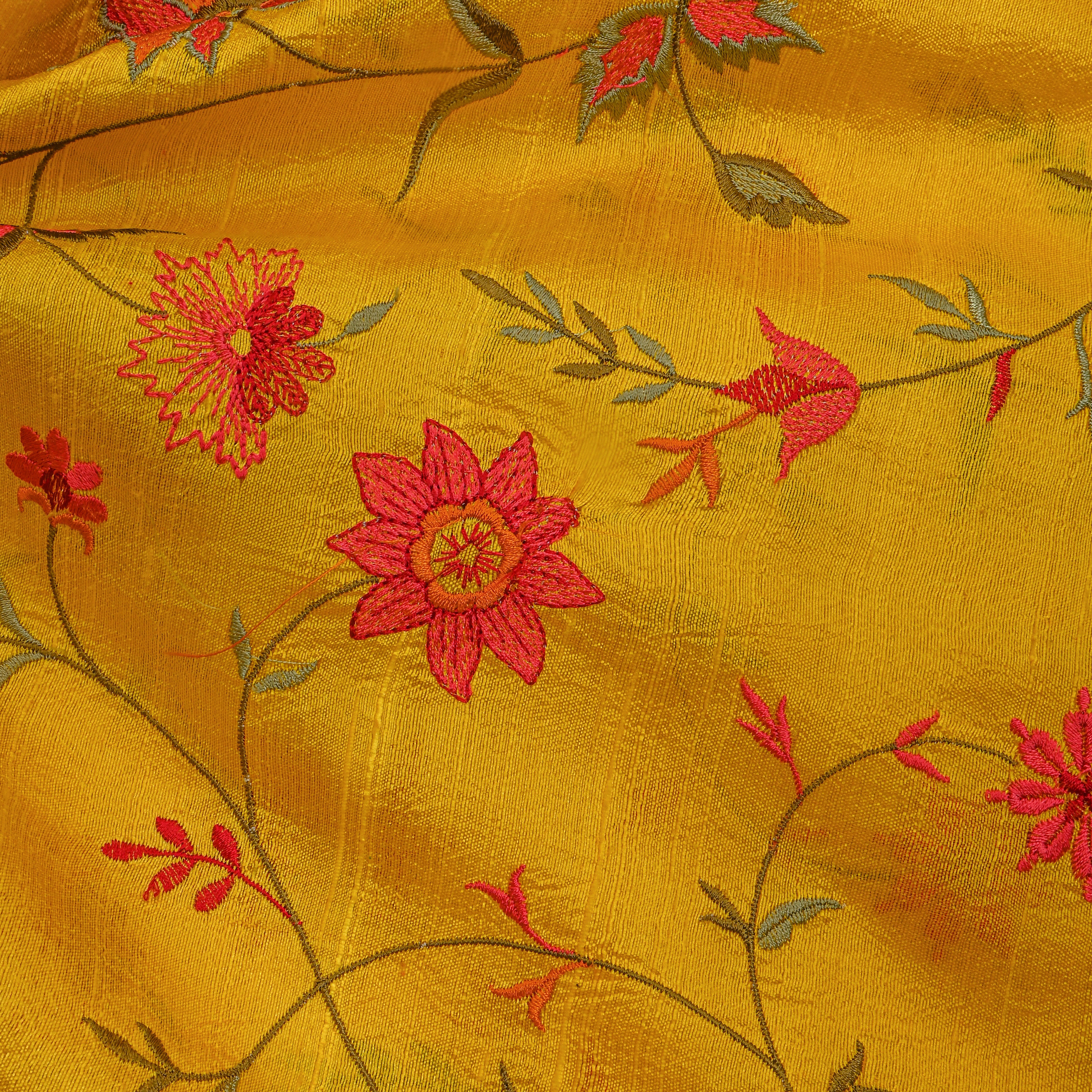 Bright Yellow Floral Jaal Raw Silk Fabric