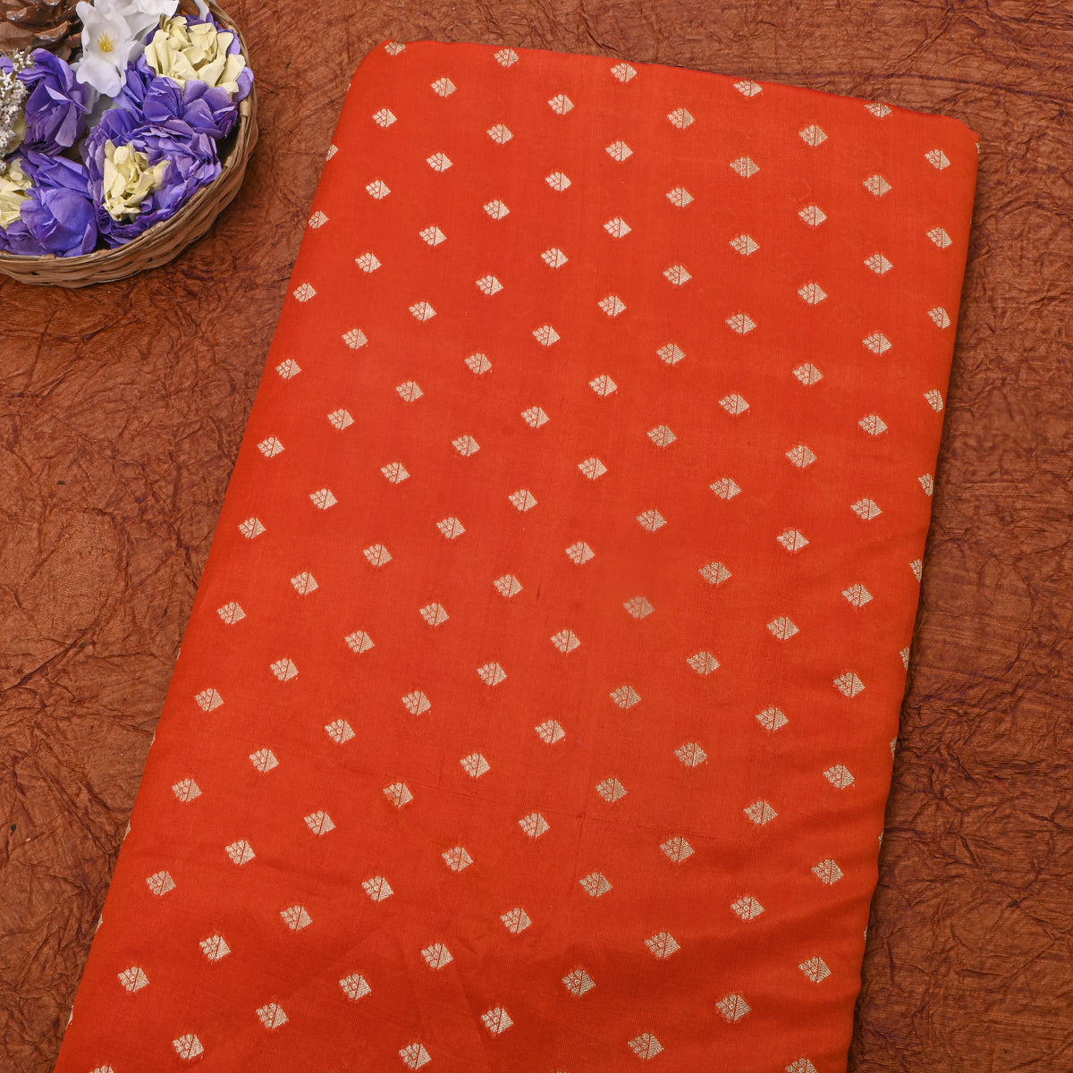 Rust Orange Gold Zari Diamond Butti Banarasi Silk Fabric