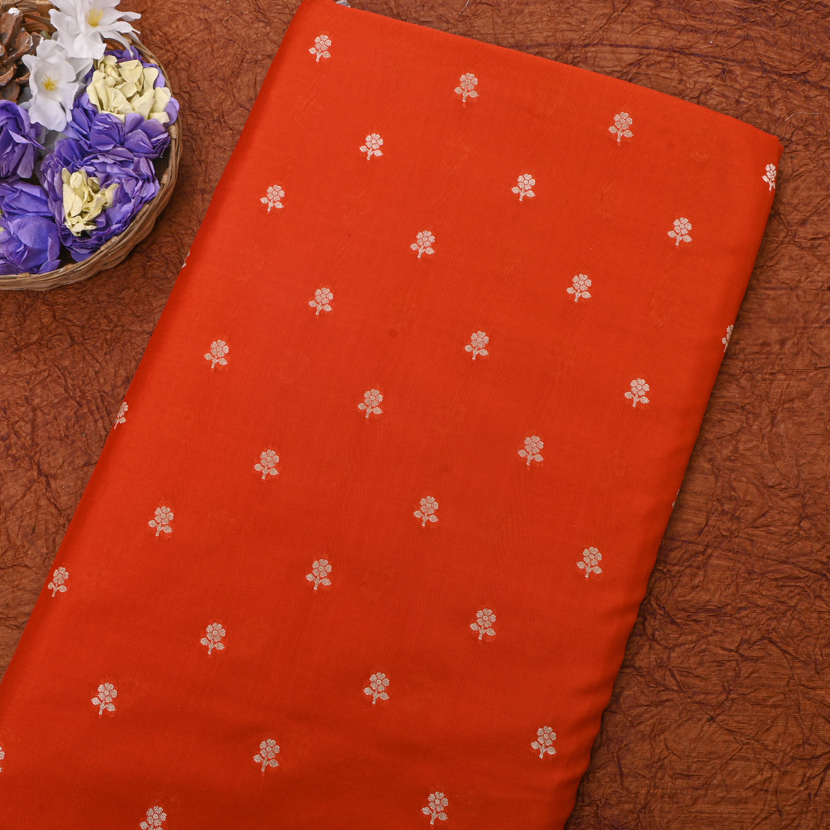 Saffron Gold Zari Floral Butti Jamawar Silk Fabric