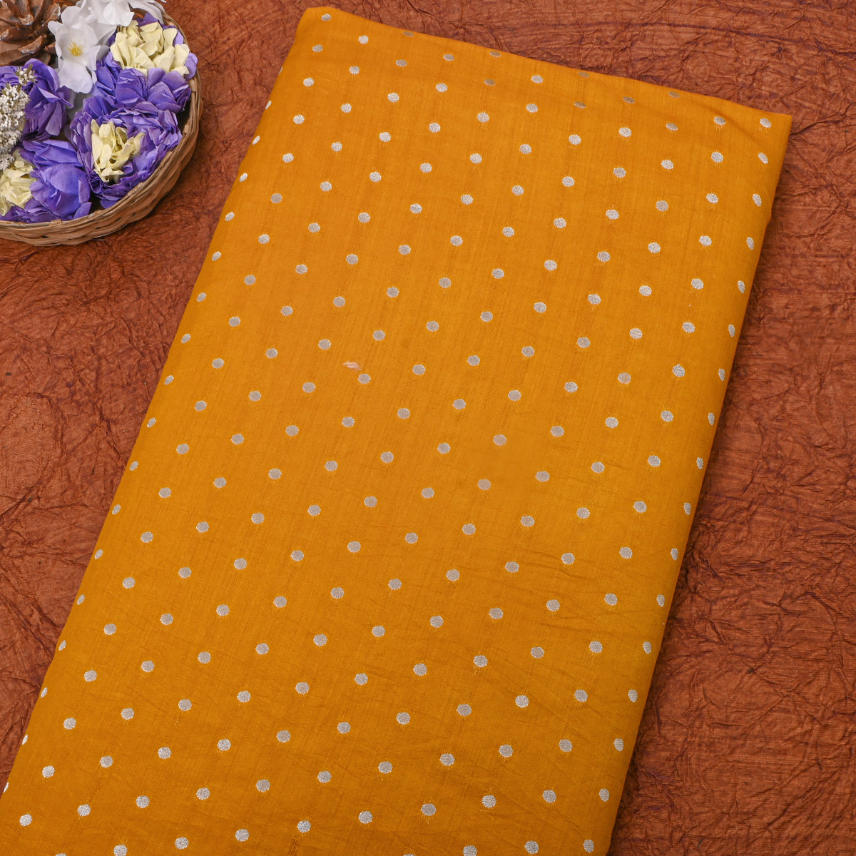 Orange With Silver Zari Dot Butti Banarasi Silk Fabric