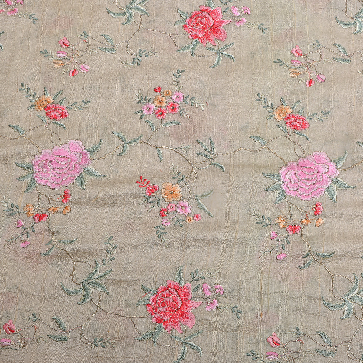 Gray Gold Rose Jaal Thread Work Raw Silk Fabric