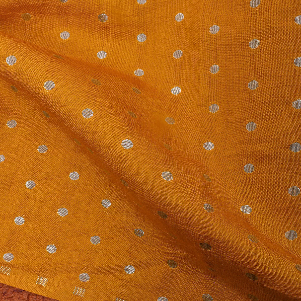 Orange With Silver Zari Dot Butti Banarasi Silk Fabric