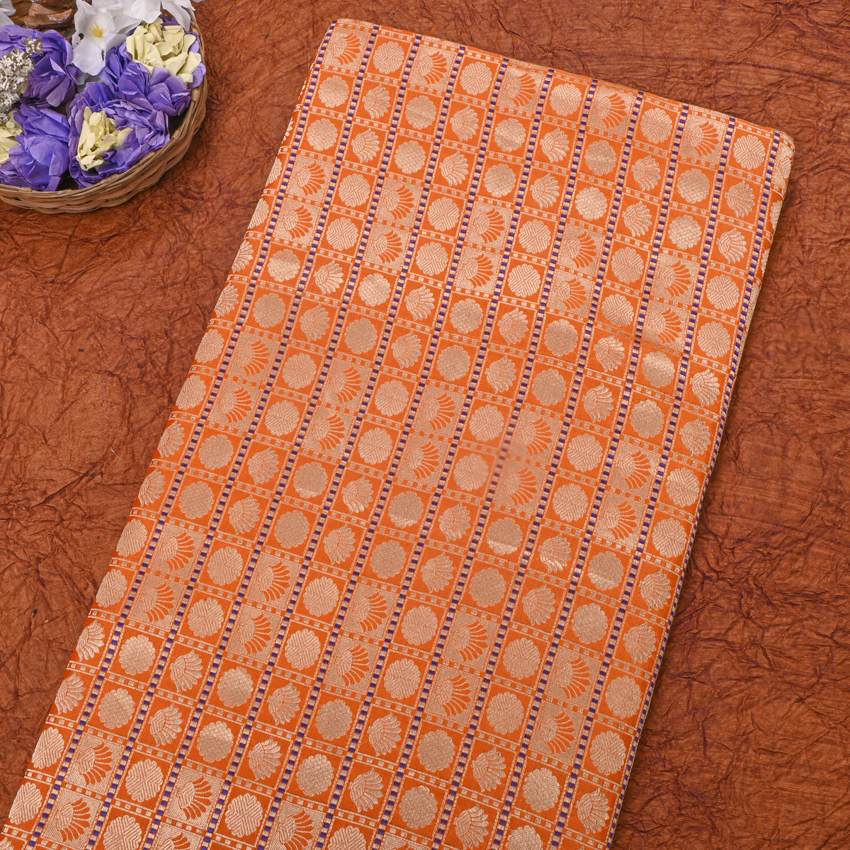 Orange Butti Checks Jamawar Silk Fabric