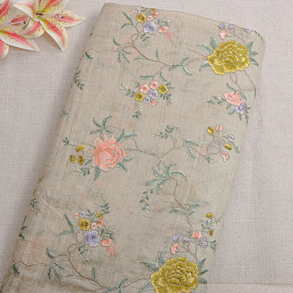 Gray Gold Floral Jaal Thread Work Raw Silk Fabric